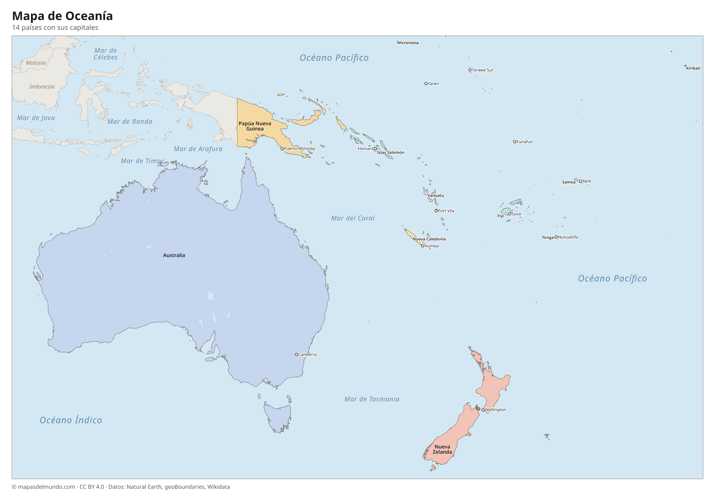 Mapa de Oceanía con los países y sus capitales