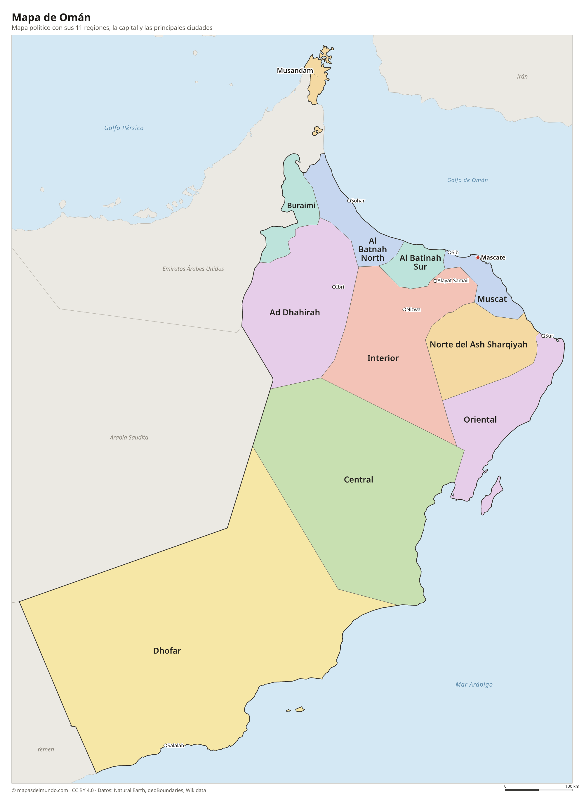 Mapa político de Omán con sus regiones y la capital Mascate
