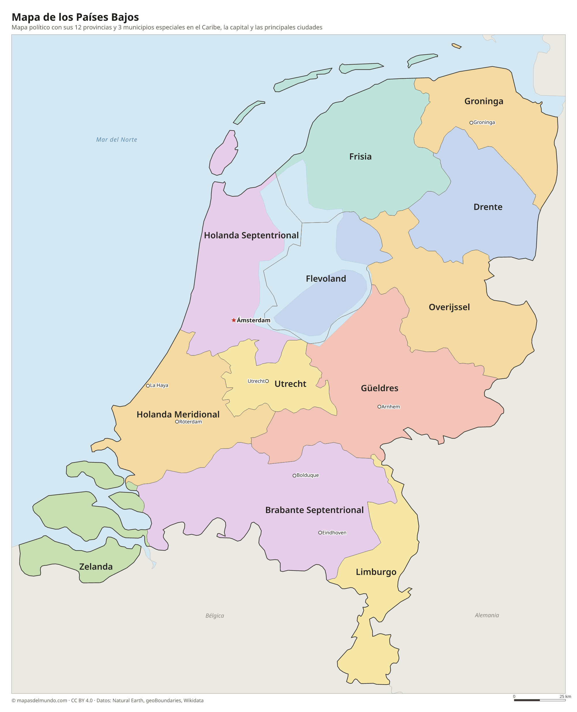 Mapa político de los Países Bajos con sus provincias y la capital Ámsterdam