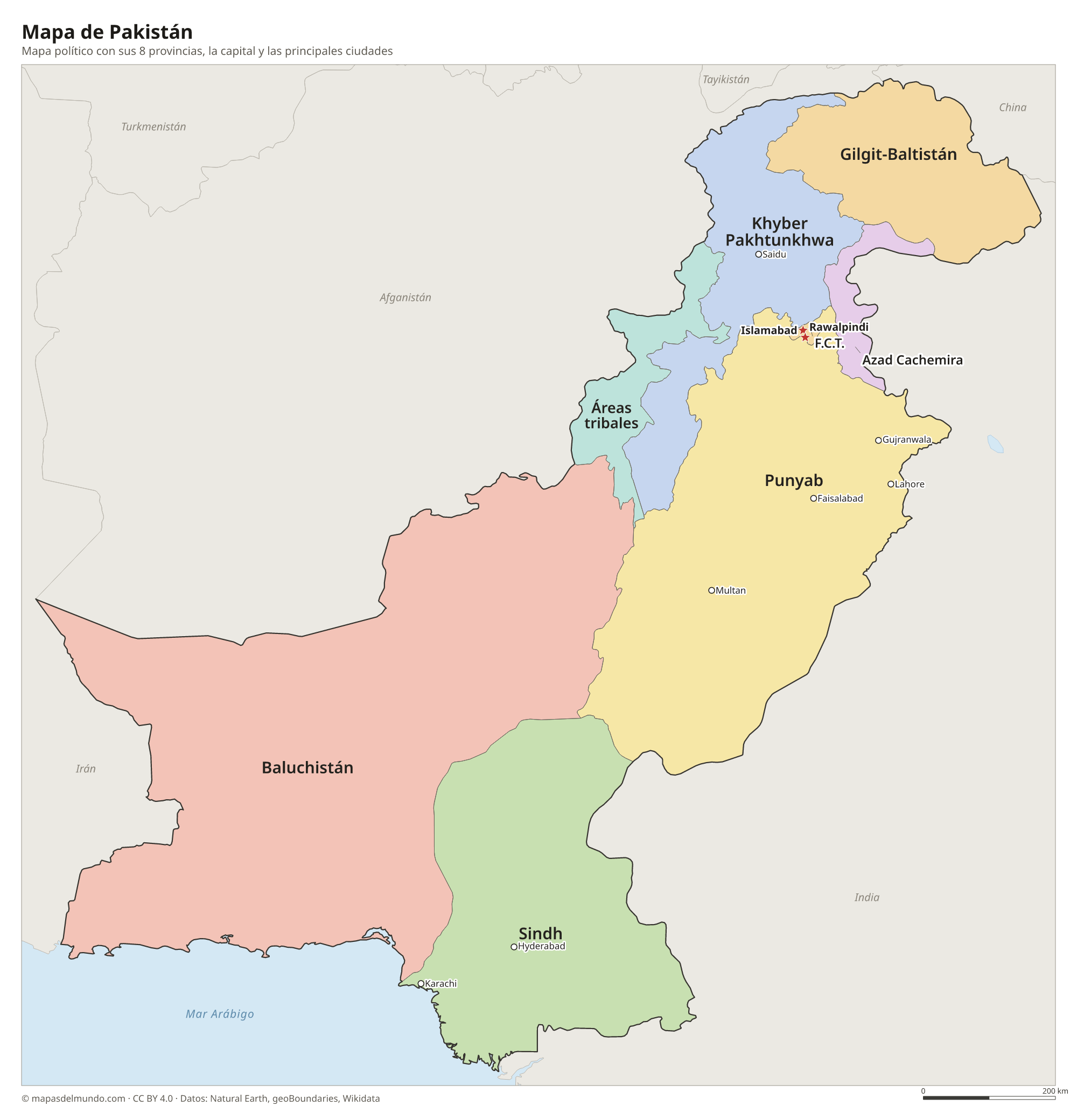 Mapa político de Pakistán con sus provincias y la capital Islamabad y Rawalpindi