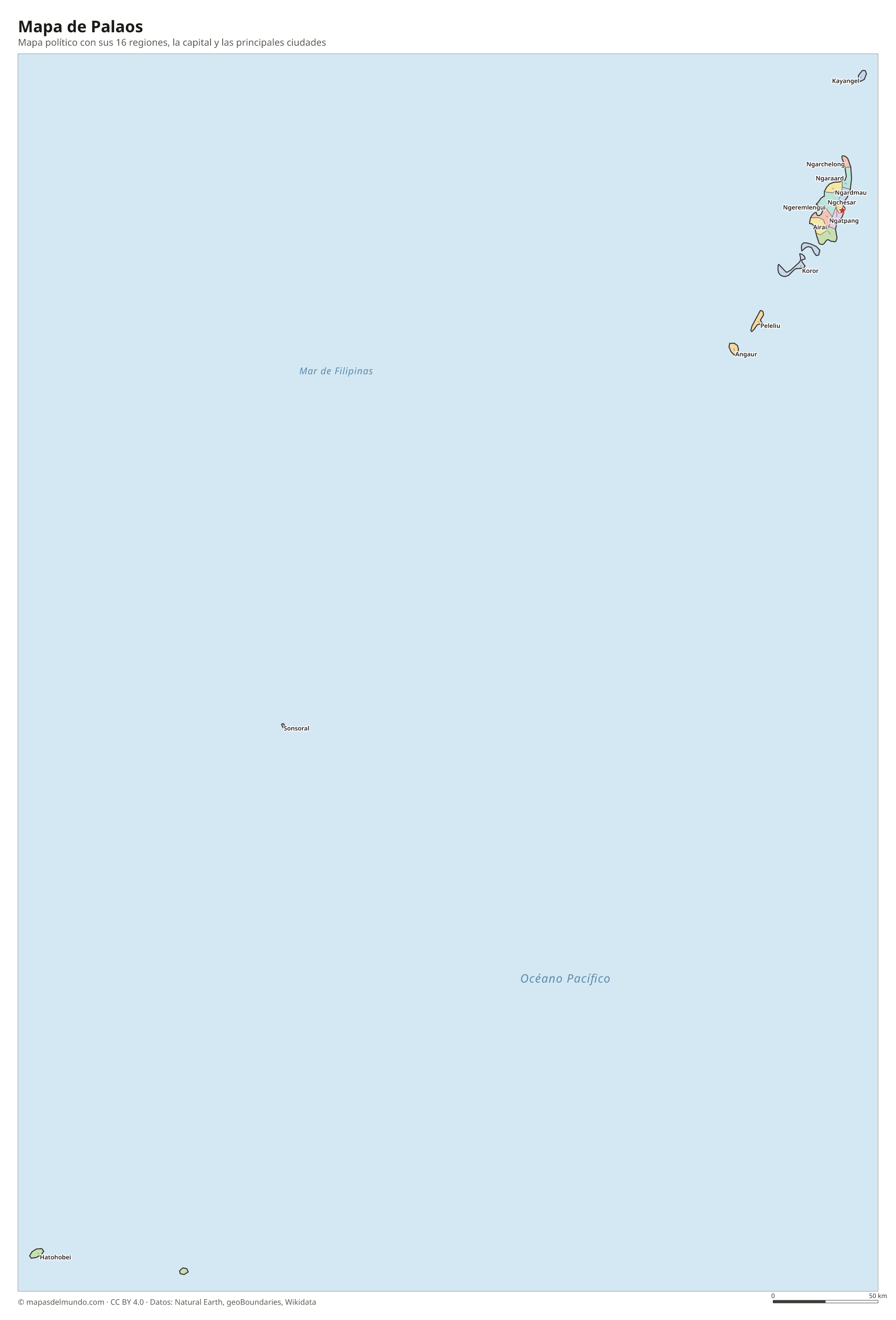 Mapa político de Palaos con sus regiones y la capital Ngerulmud