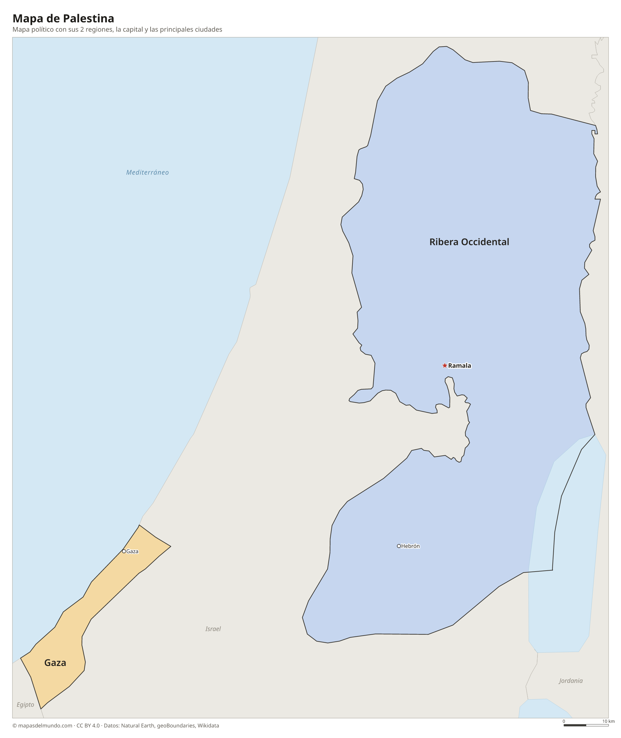 Mapa político de Palestina con sus regiones y la capital Ramala