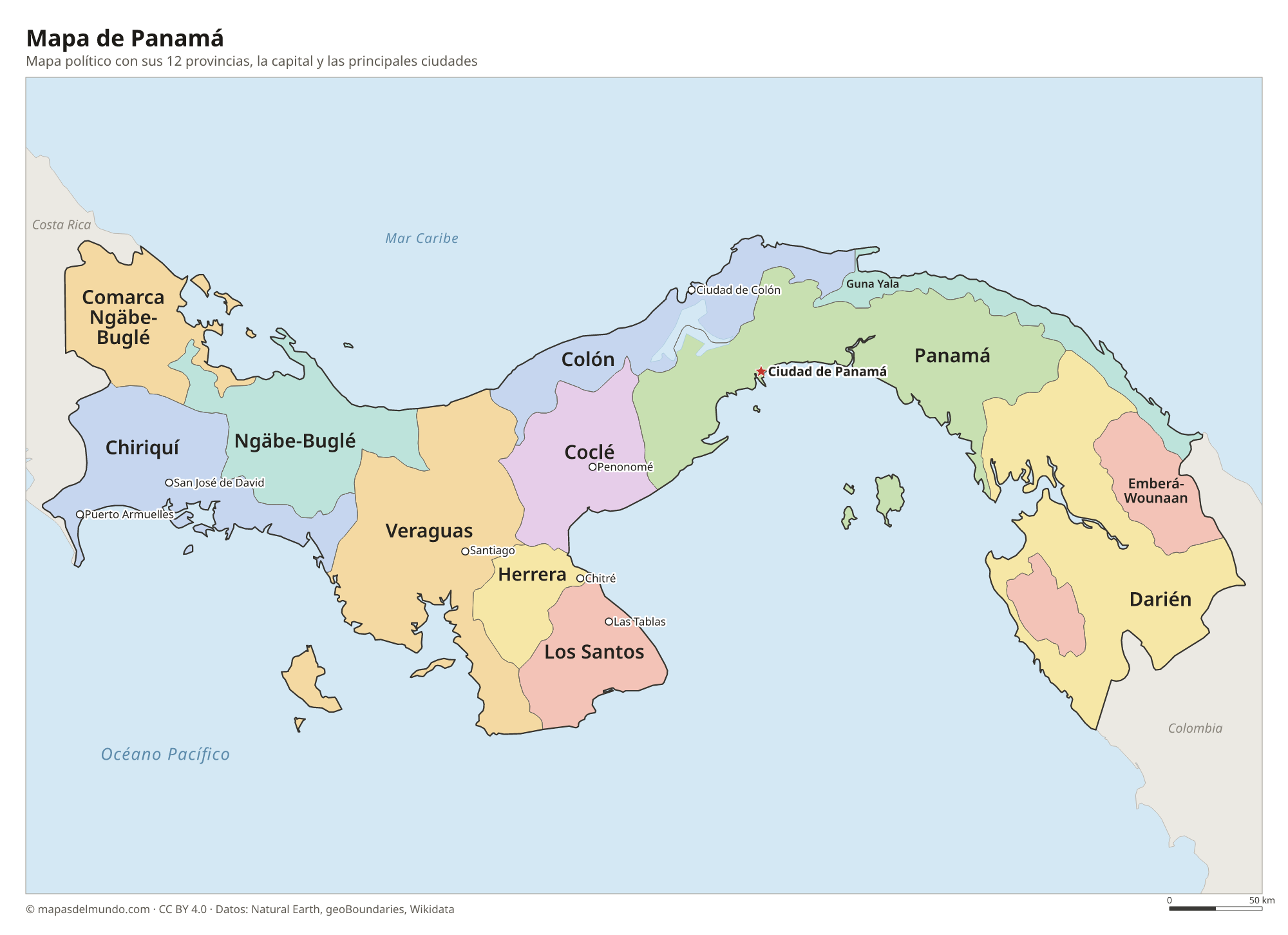 Mapa político de Panamá con sus provincias y la capital Ciudad de Panamá