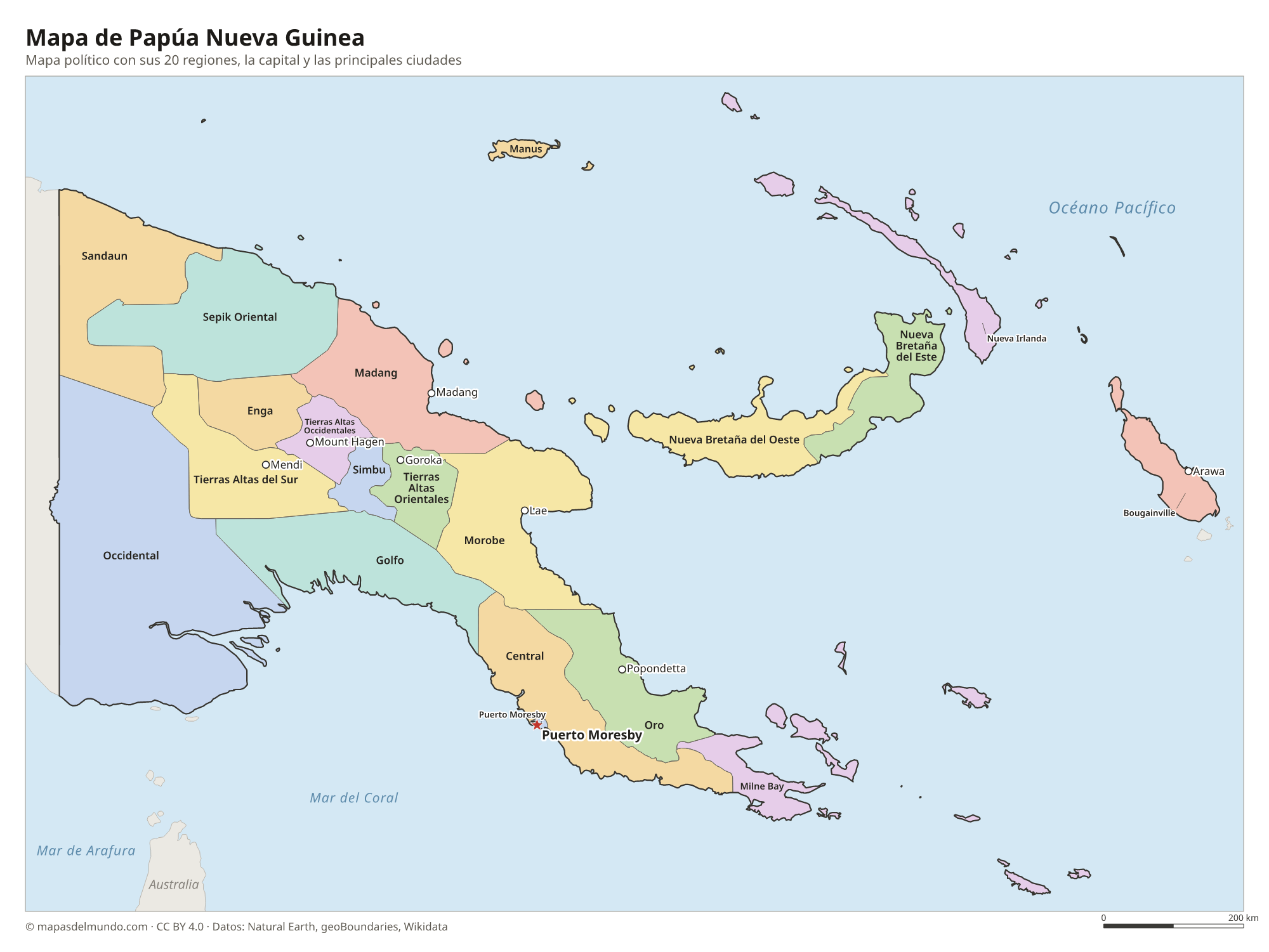 Mapa político de Papúa Nueva Guinea con sus regiones y la capital Puerto Moresby