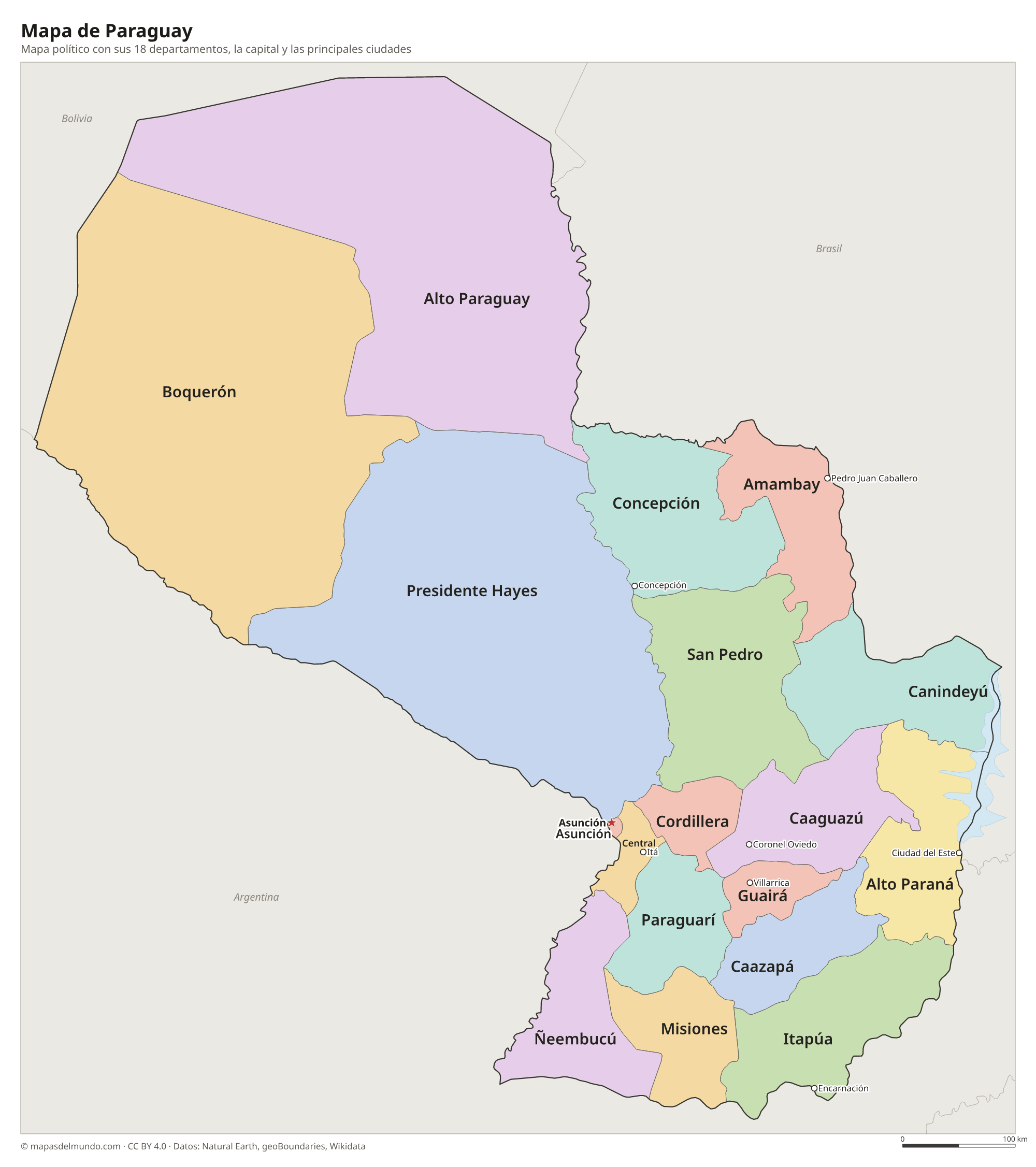 Mapa político de Paraguay con sus departamentos y la capital Asunción
