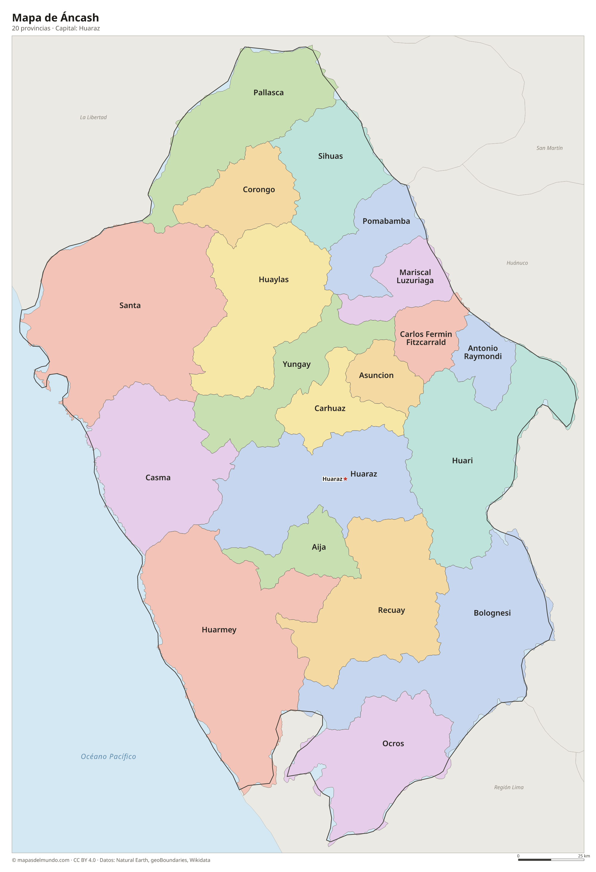 Mapa de Áncash con sus 20 provincias