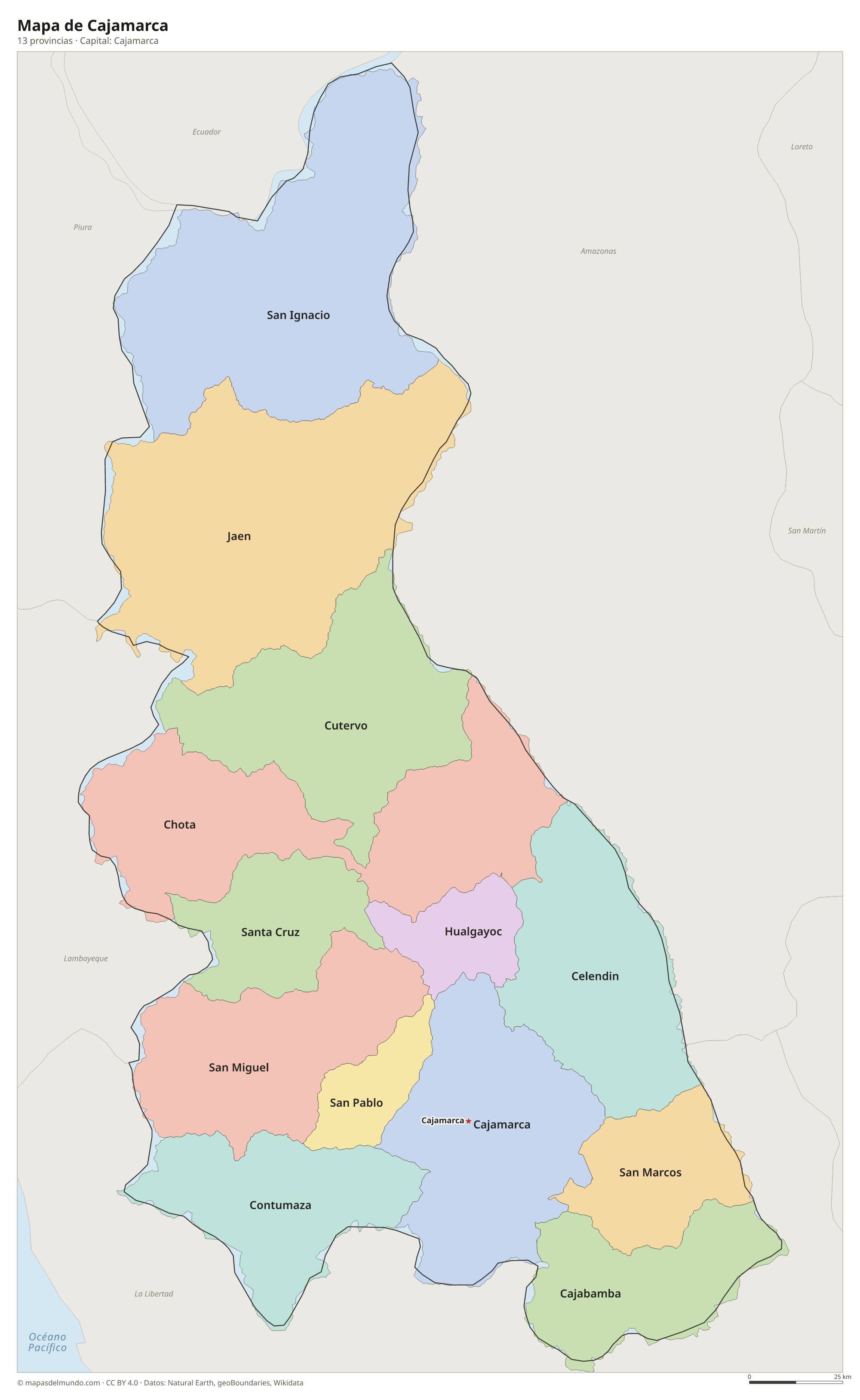Mapa de Cajamarca con sus 13 provincias