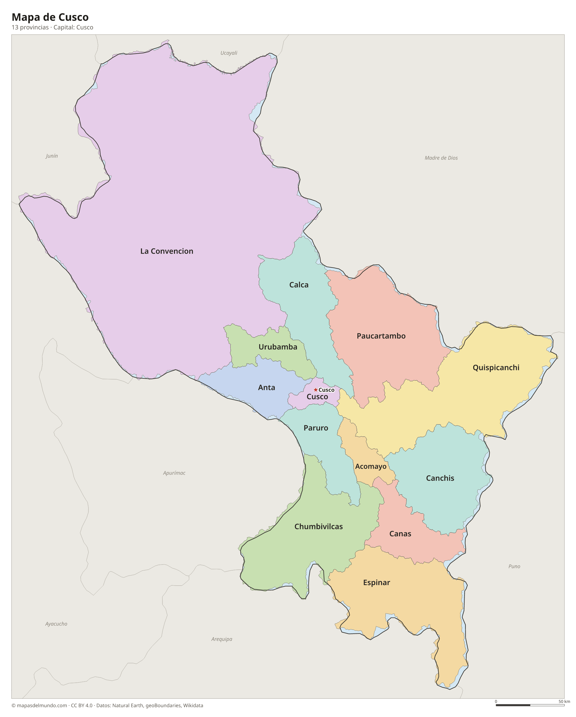 Mapa de Cusco con sus 13 provincias