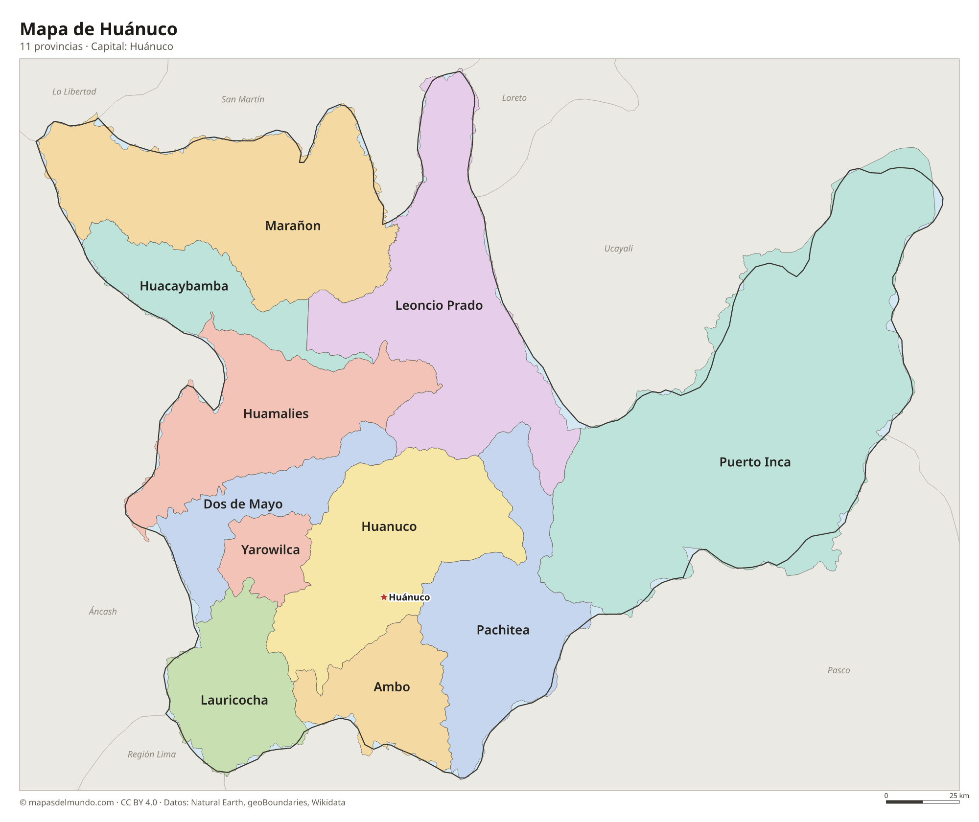 Mapa de Huánuco con sus 11 provincias
