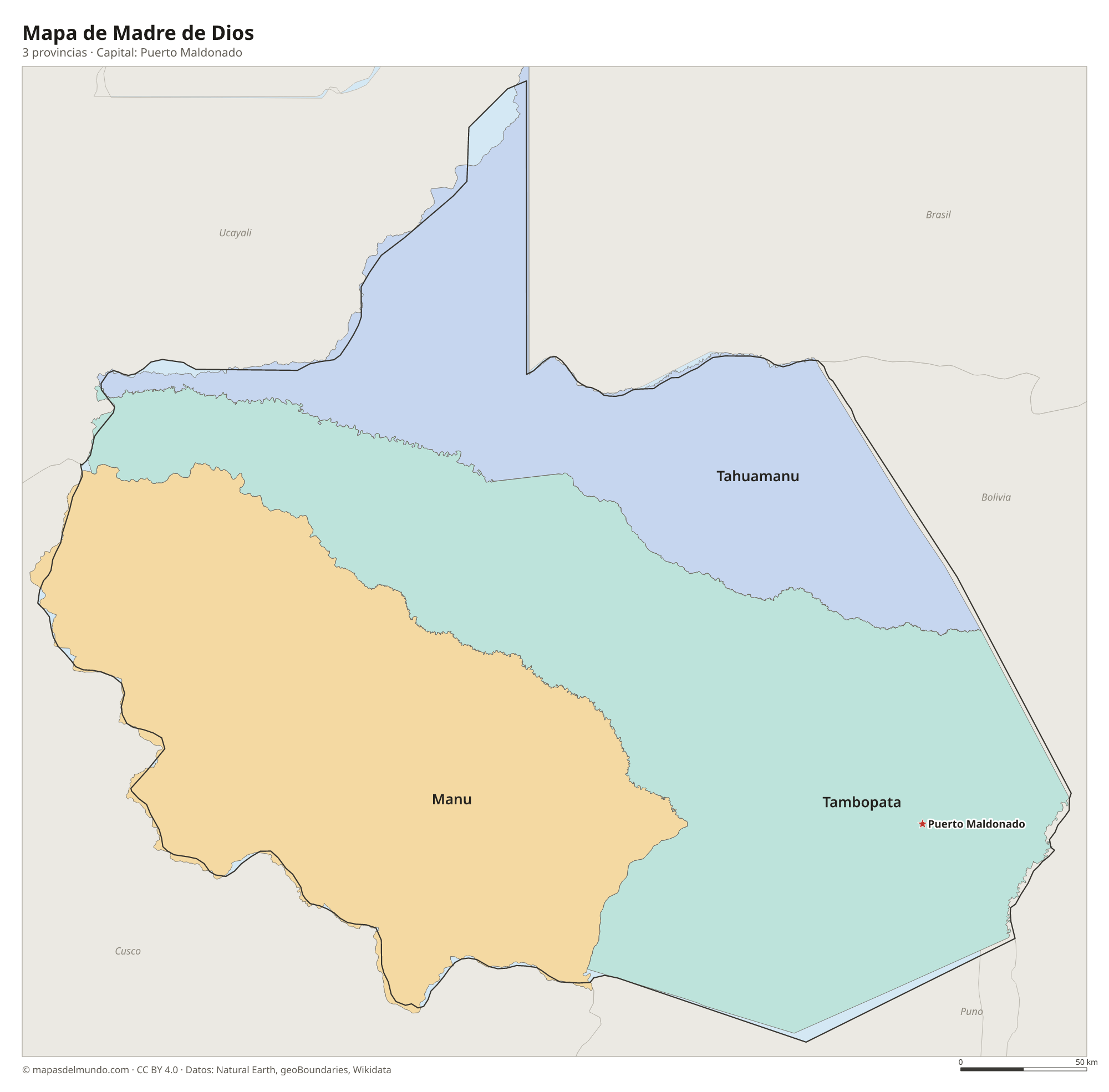Mapa de Madre de Dios con sus 3 provincias