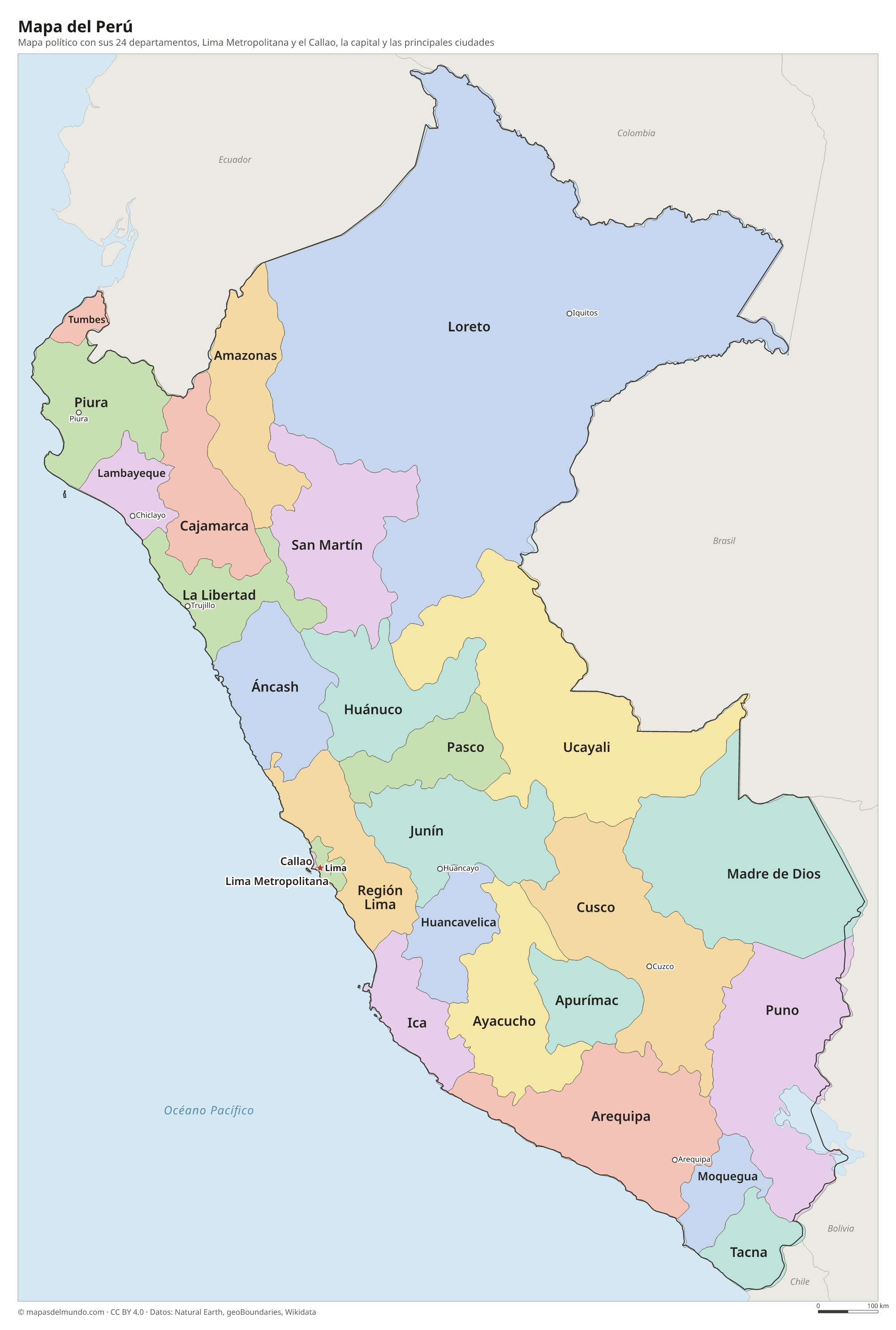 Mapa político del Perú con sus departamentos y la capital Lima