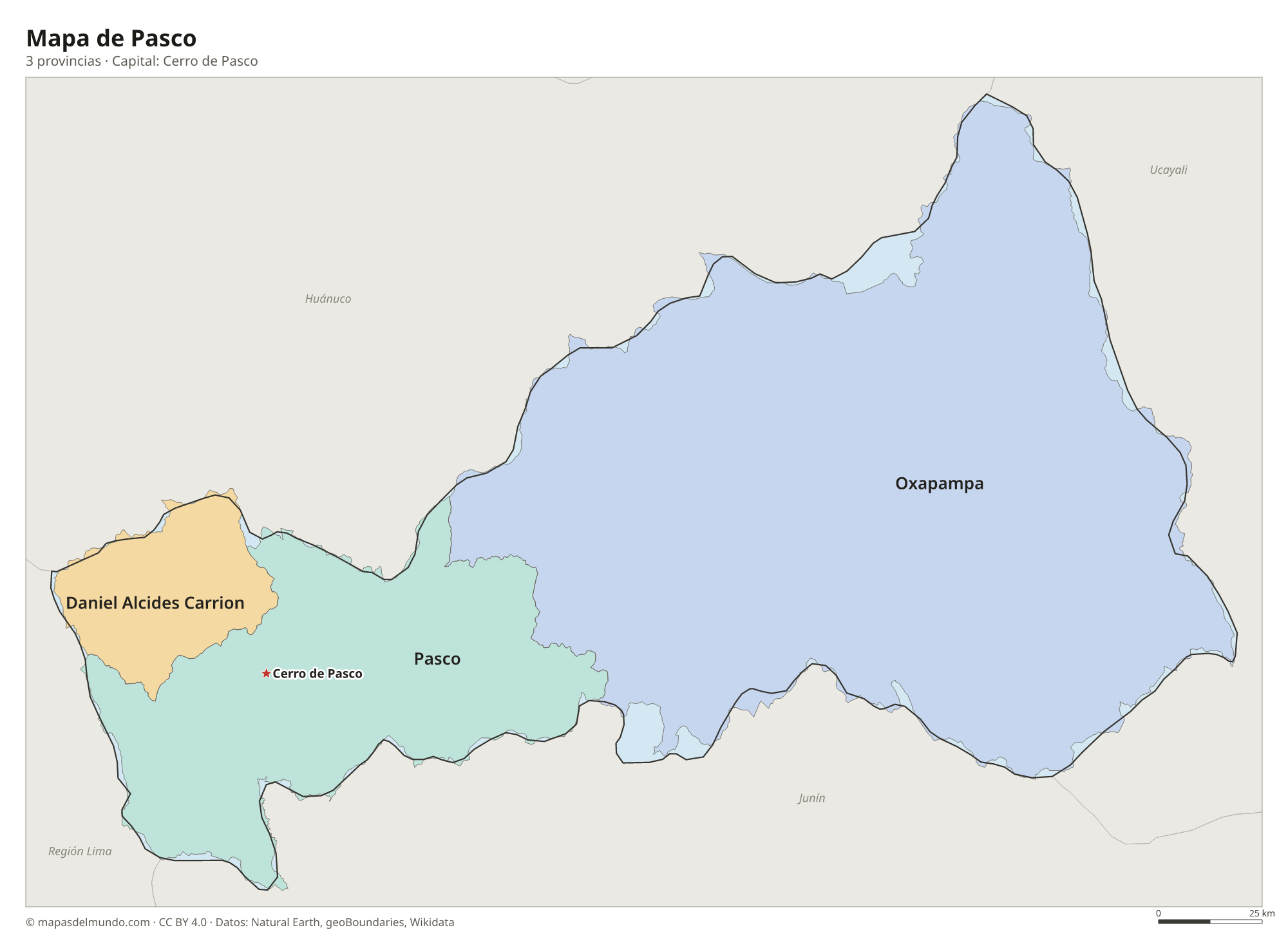 Mapa de Pasco con sus 3 provincias
