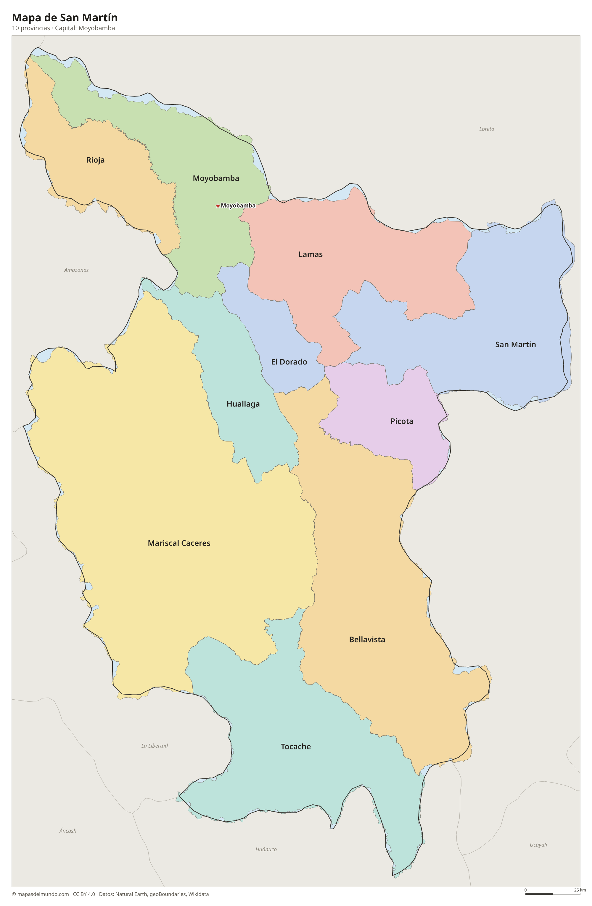 Mapa de San Martín con sus 10 provincias