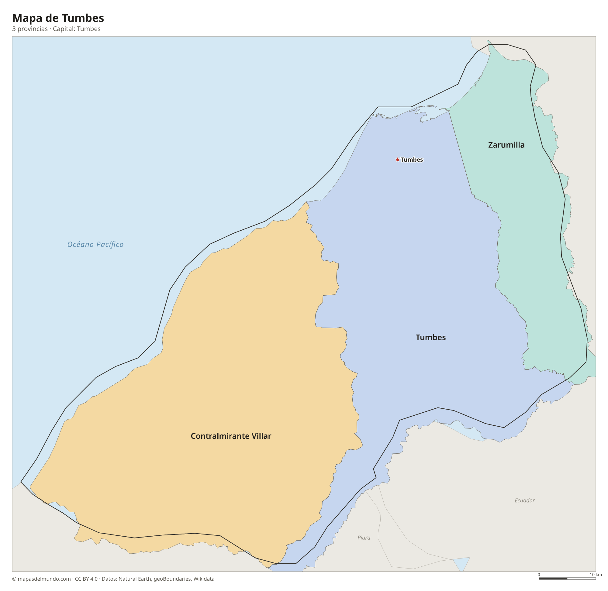 Mapa de Tumbes con sus 3 provincias