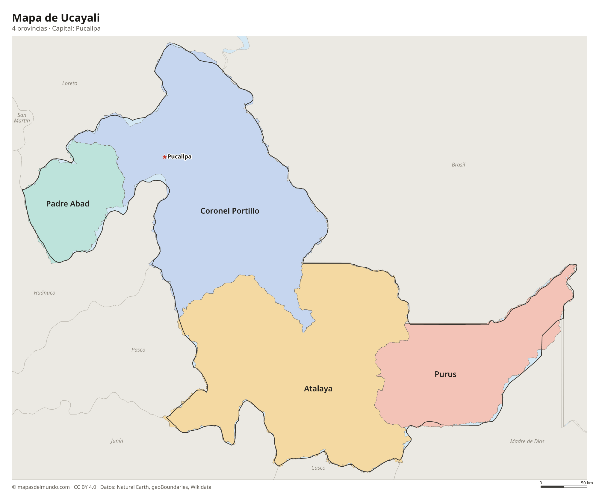 Mapa de Ucayali con sus 4 provincias