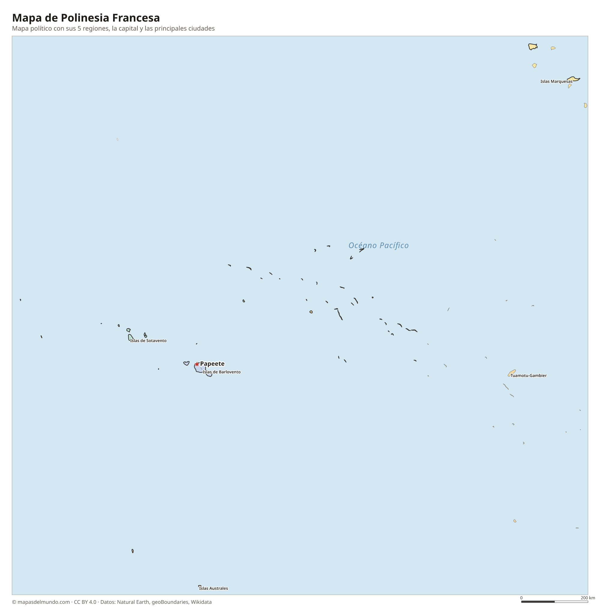 Mapa político de Polinesia Francesa con sus regiones y la capital Papeete