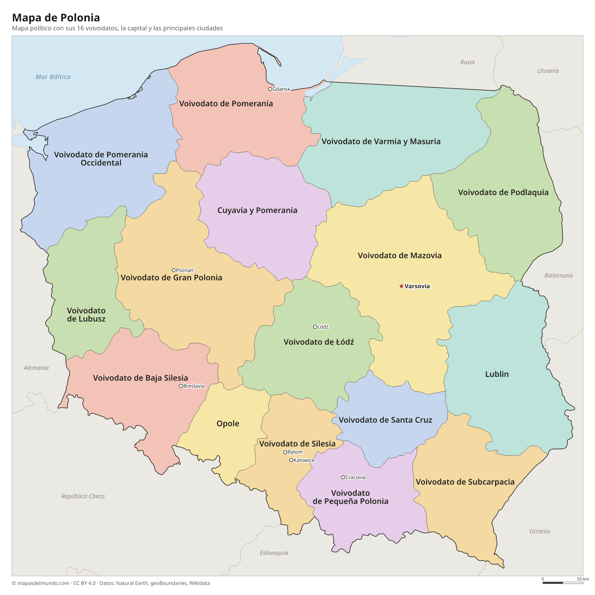 Mapa político de Polonia con sus voivodatos y la capital Varsovia