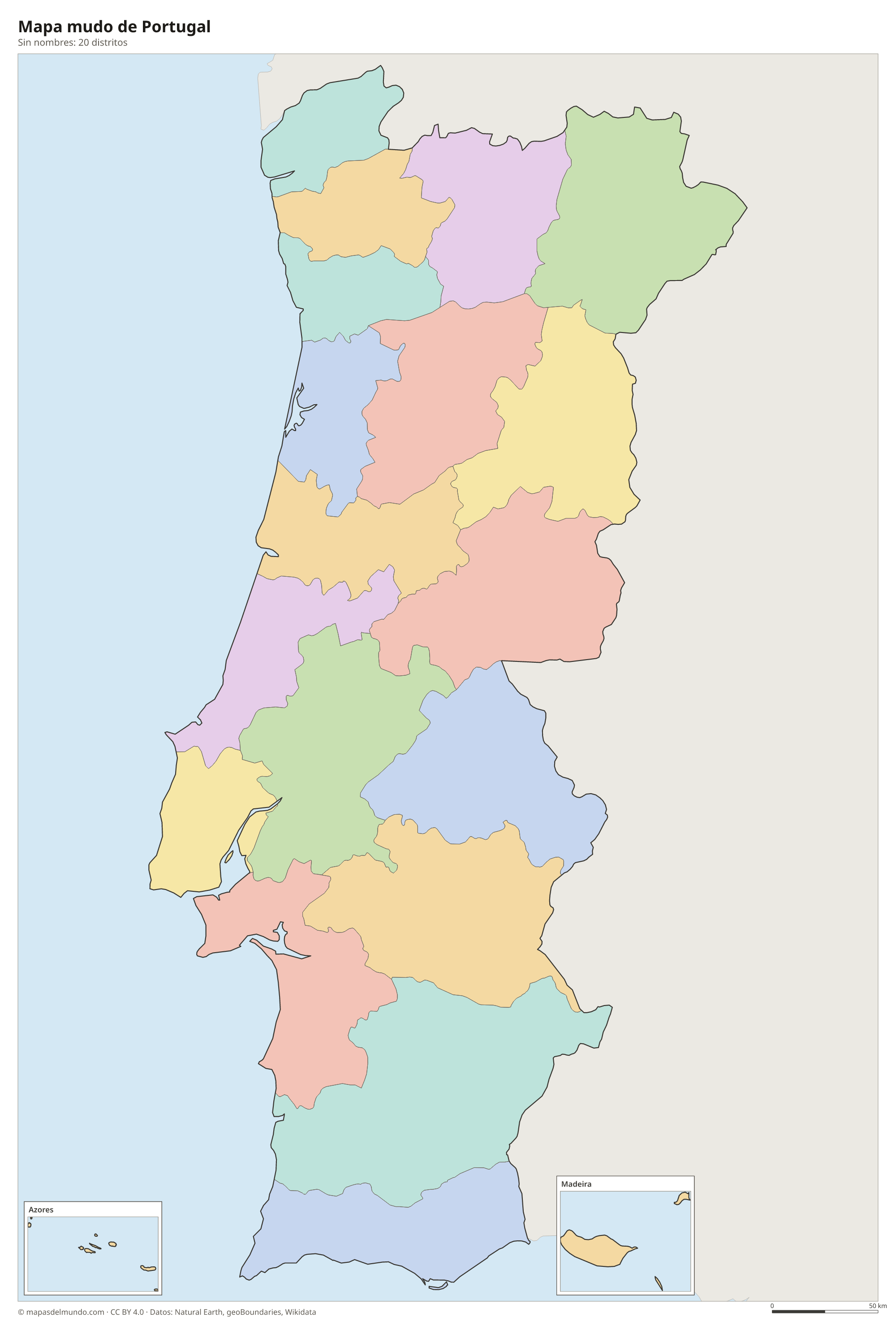 Mapa mudo de Portugal sin nombres