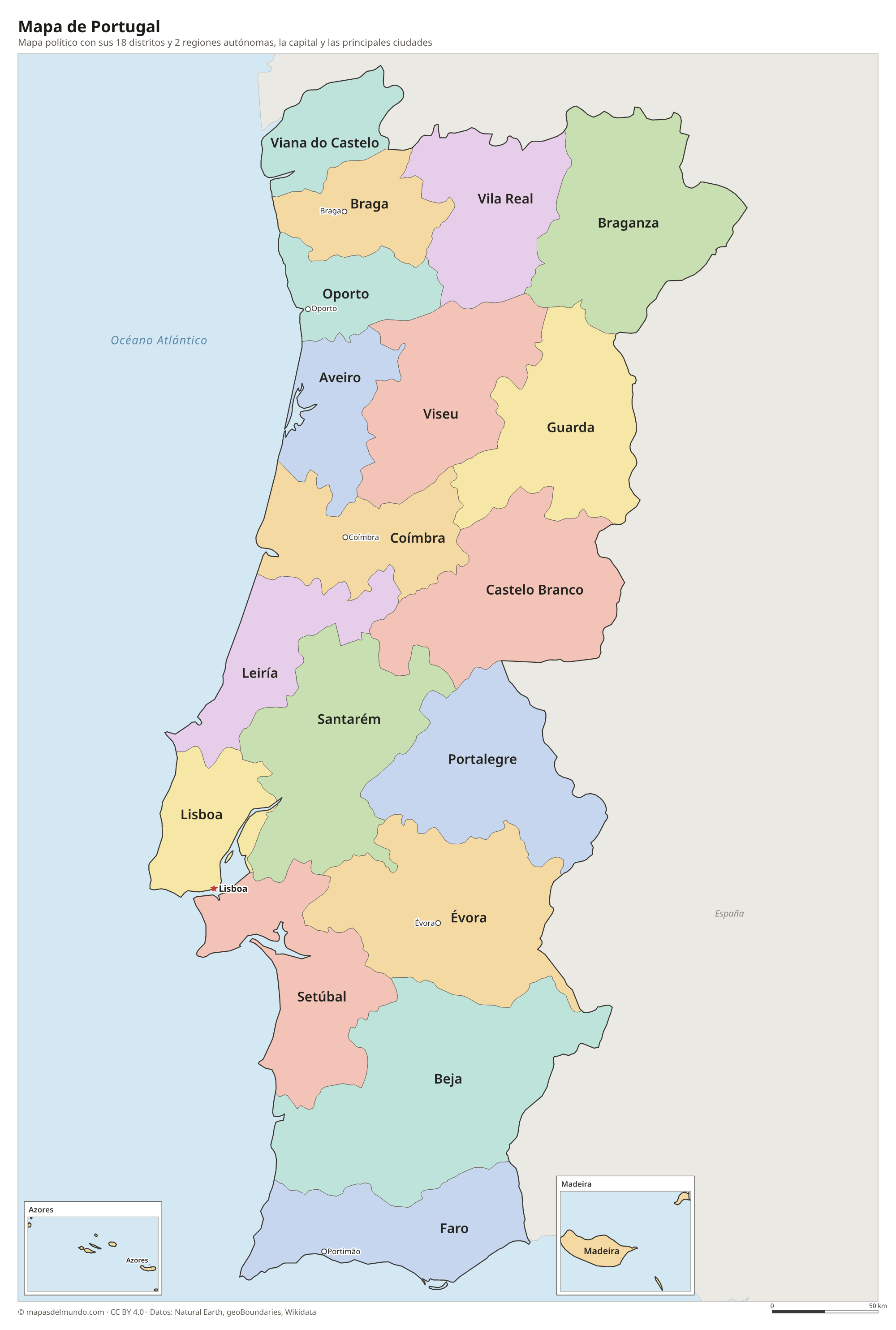 Mapa político de Portugal con sus distritos y la capital Lisboa