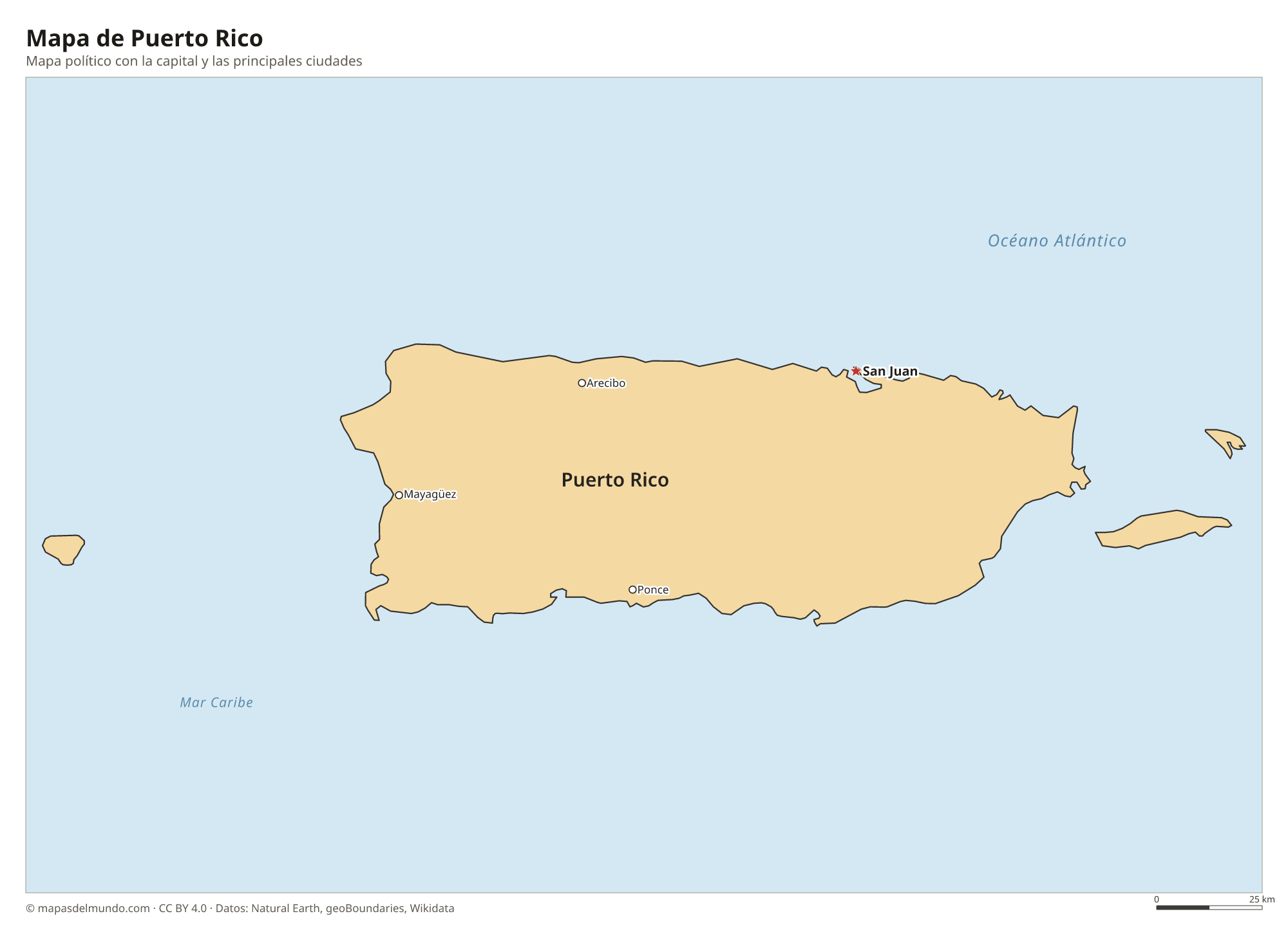 Mapa político de Puerto Rico con la capital San Juan
