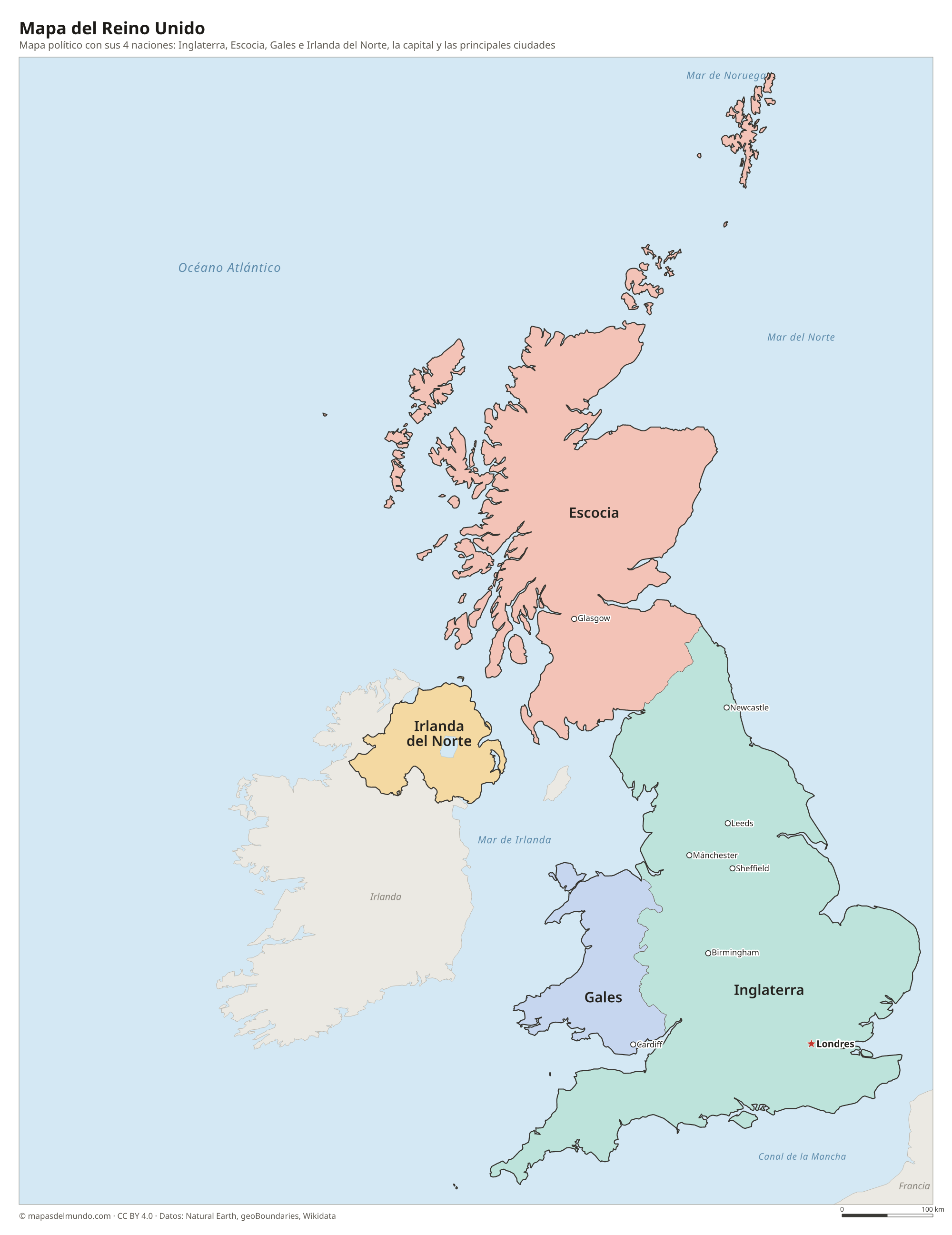 Mapa político del Reino Unido con sus naciones y la capital Londres