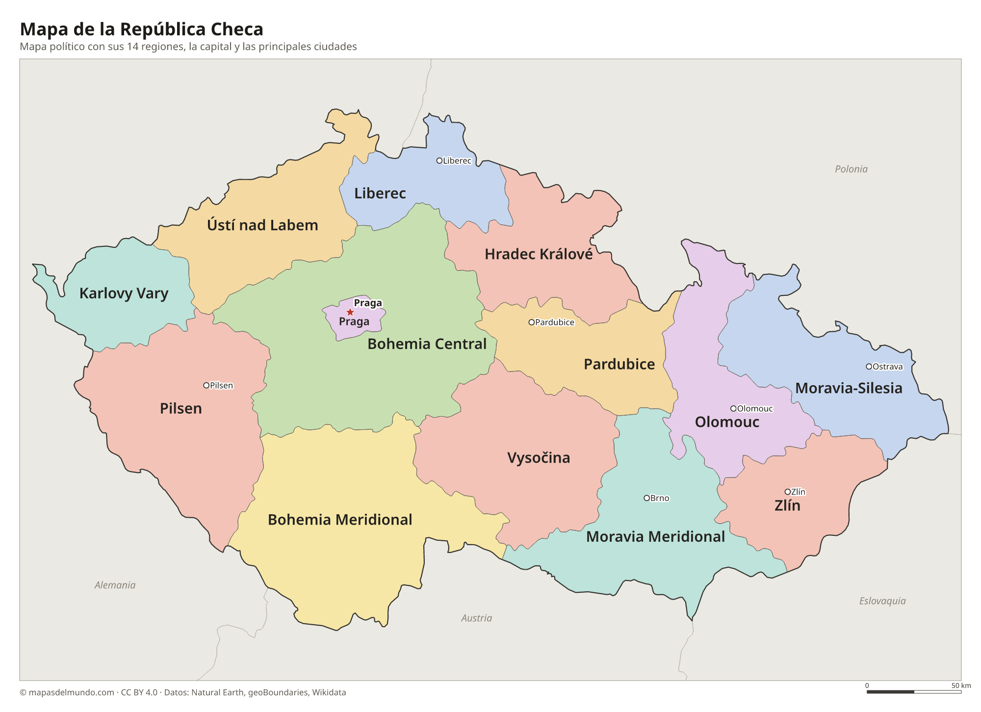 Mapa político de la República Checa con sus regiones y la capital Praga