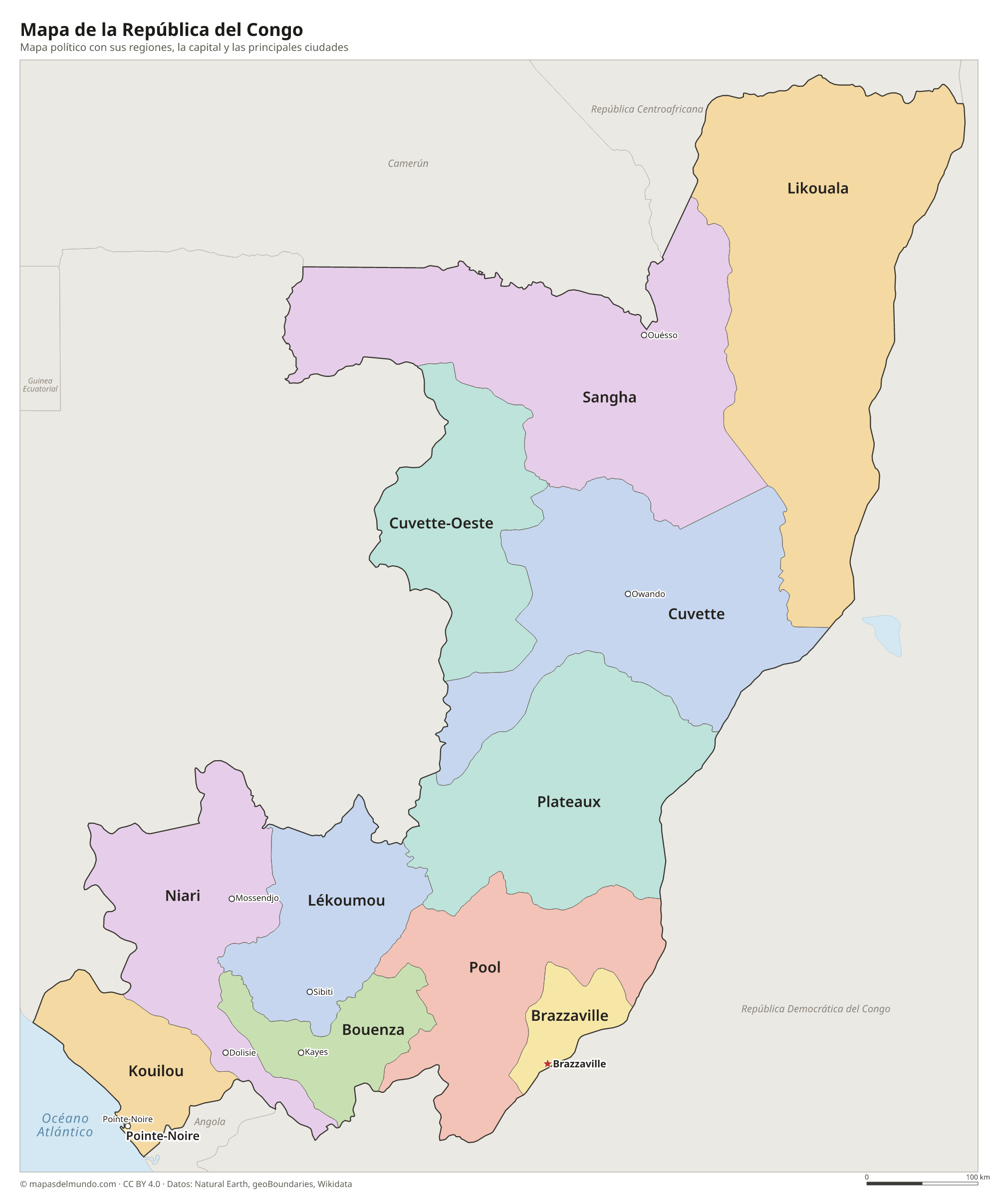 Mapa político de la República del Congo con sus regiones y la capital Brazzaville