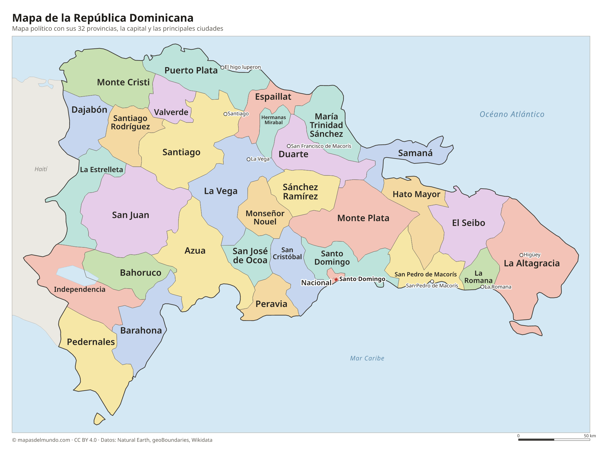 Mapa político de la República Dominicana con sus provincias y la capital Santo Domingo