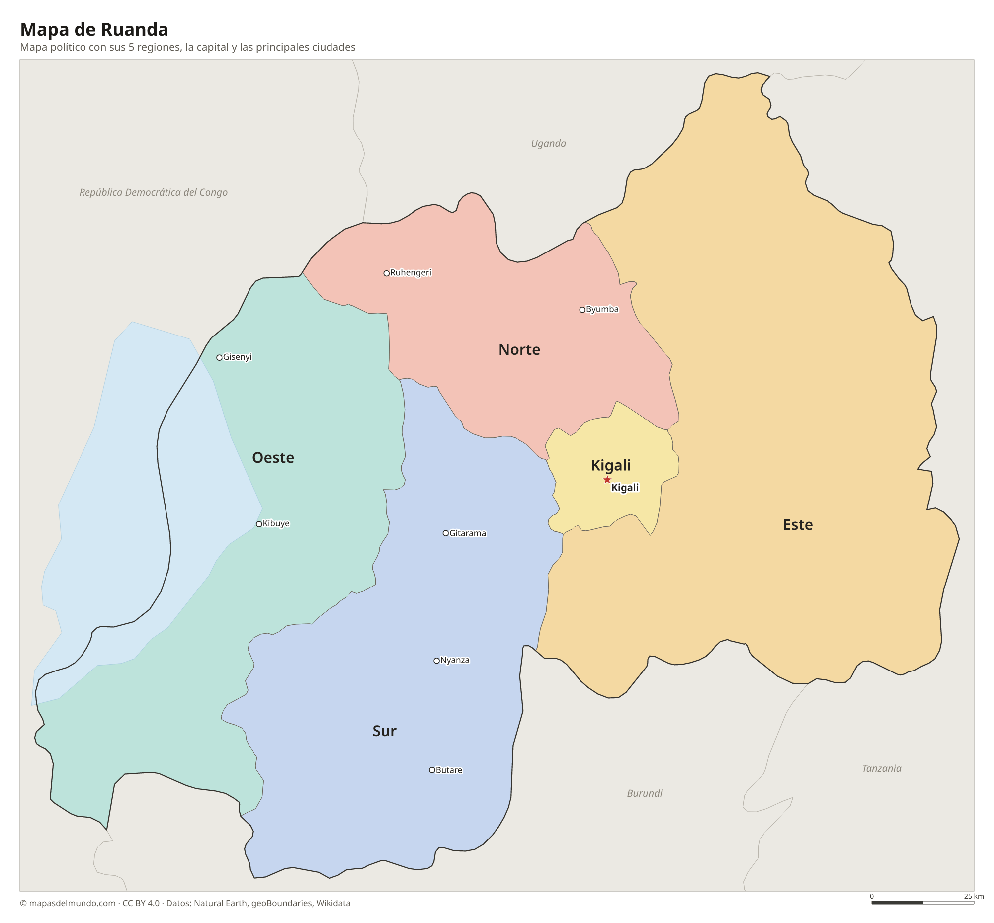 Mapa político de Ruanda con sus regiones y la capital Kigali