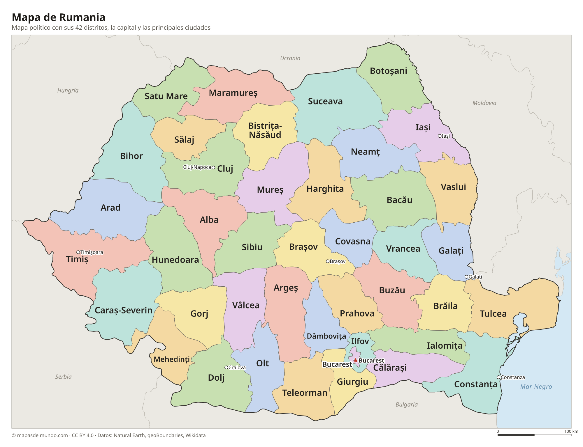 Mapa político de Rumania con sus distritos y la capital Bucarest