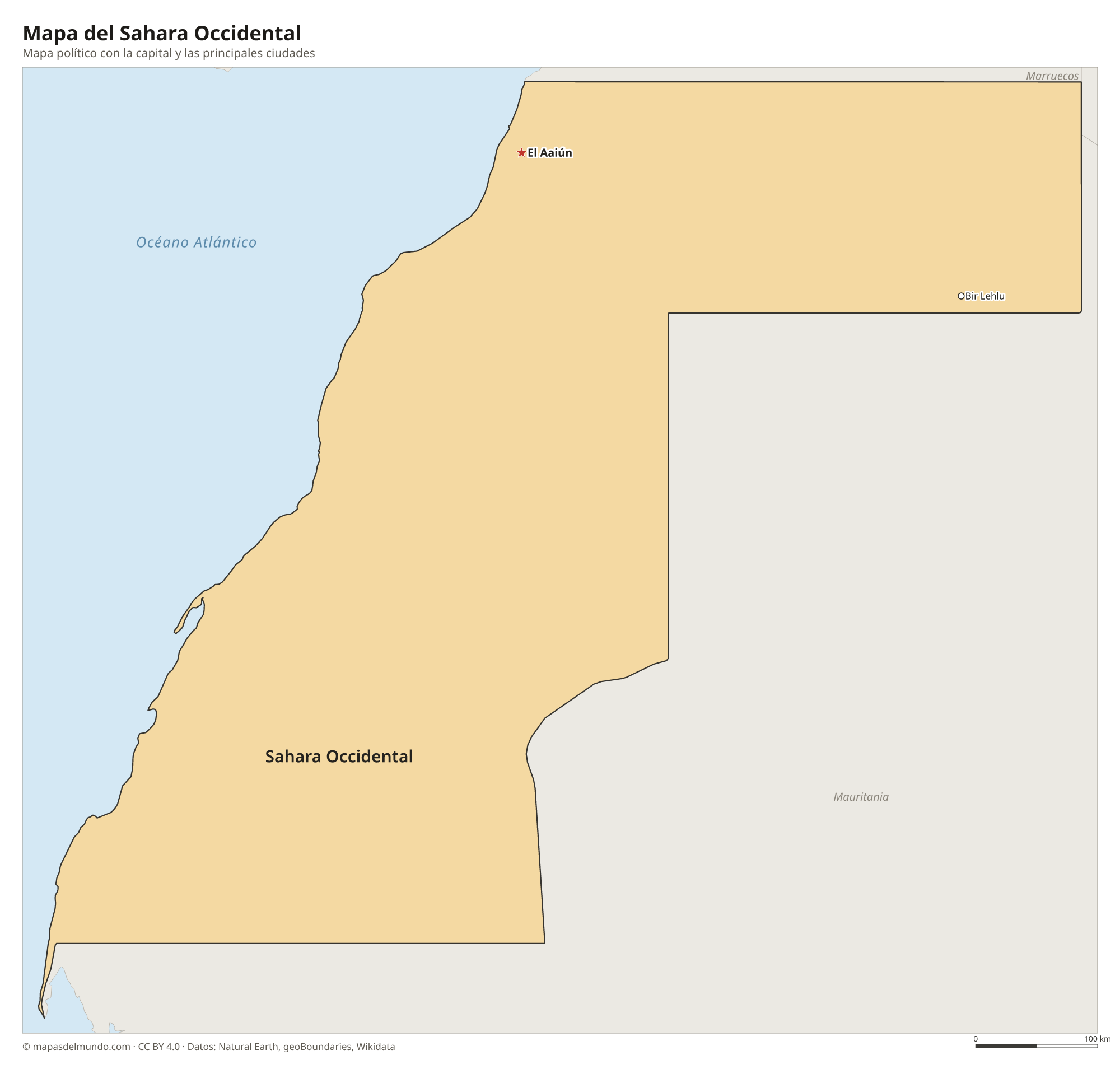 Mapa político del Sahara Occidental con la capital El Aaiún