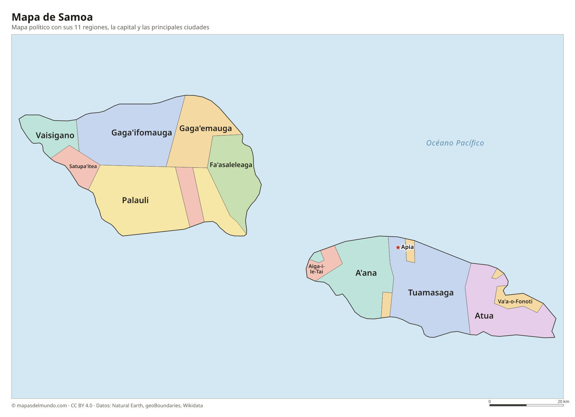 Mapa político de Samoa con sus regiones y la capital Apia