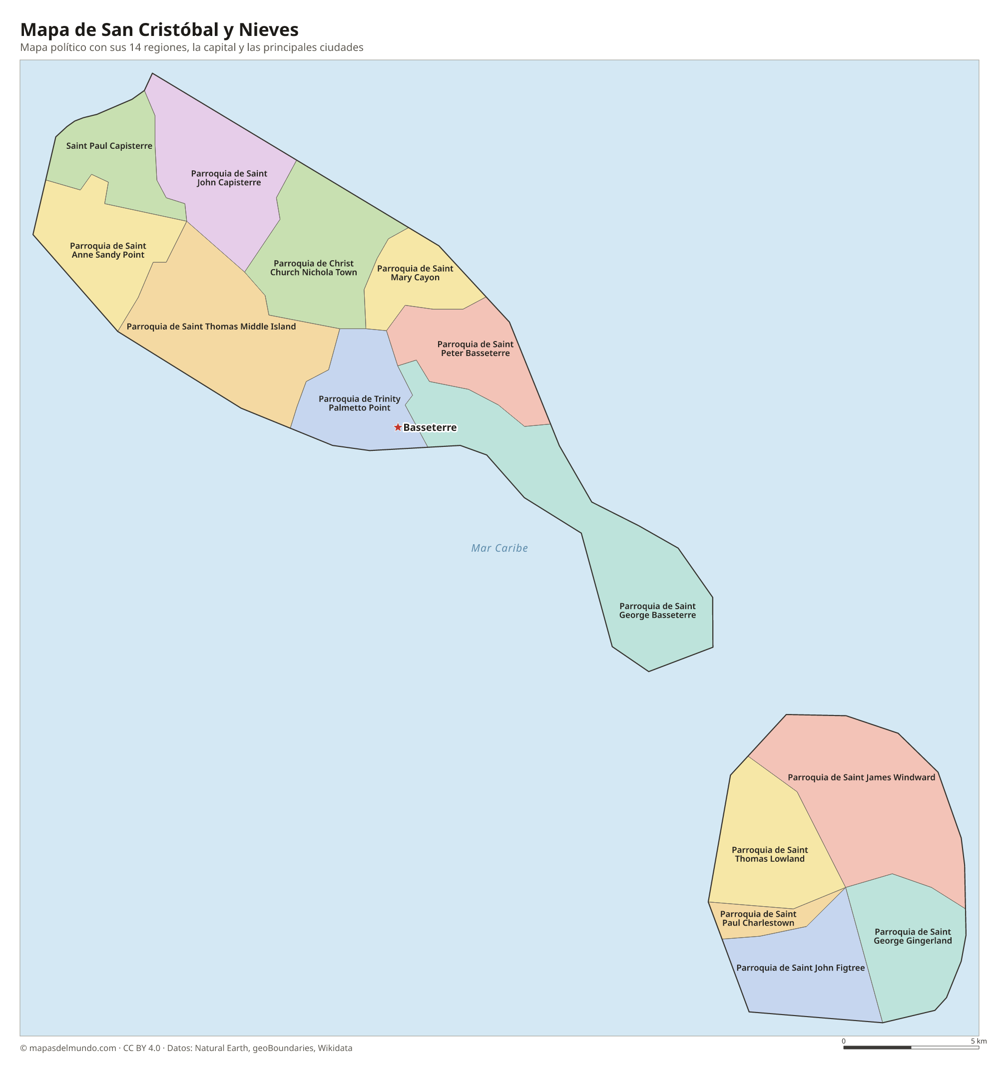 Mapa político de San Cristóbal y Nieves con sus regiones y la capital Basseterre
