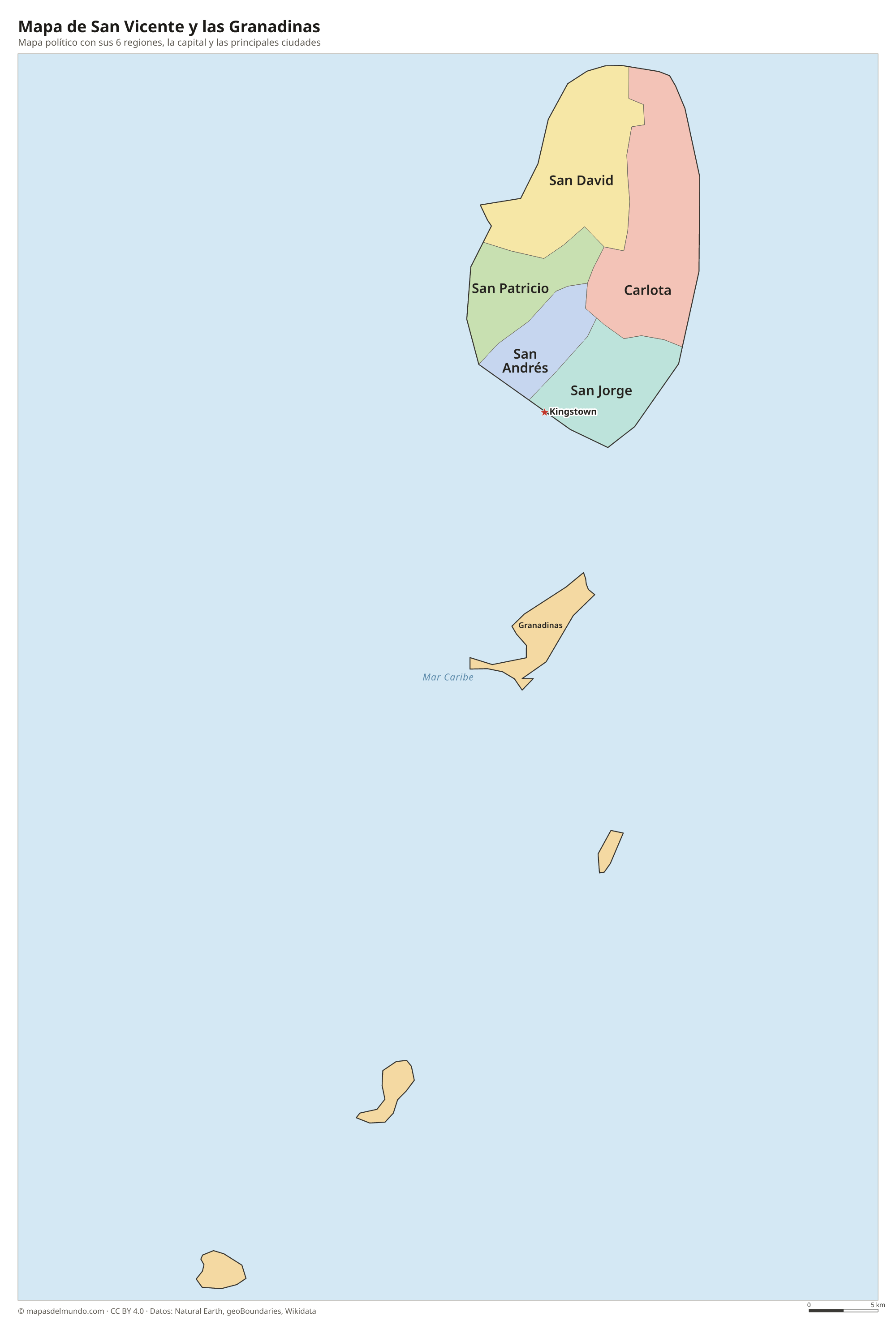 Mapa político de San Vicente y las Granadinas con sus regiones y la capital Kingstown