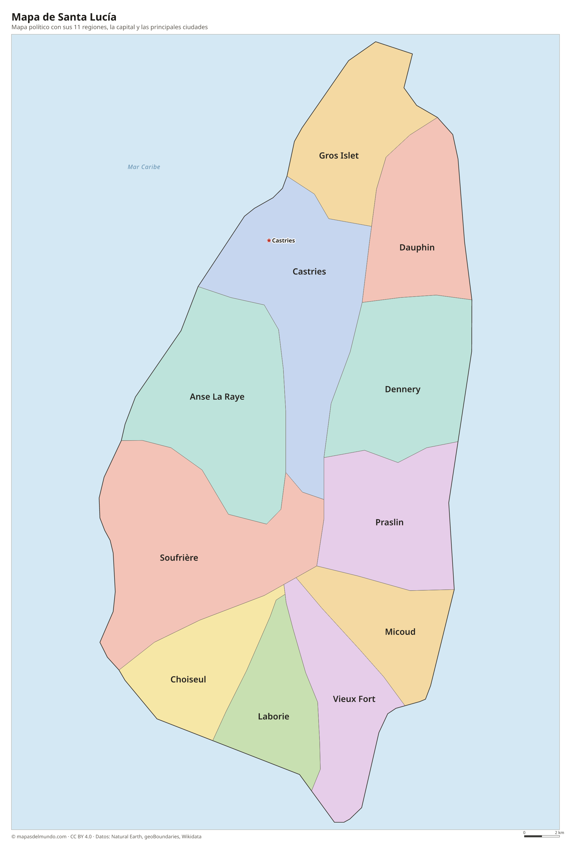 Mapa político de Santa Lucía con sus regiones y la capital Castries