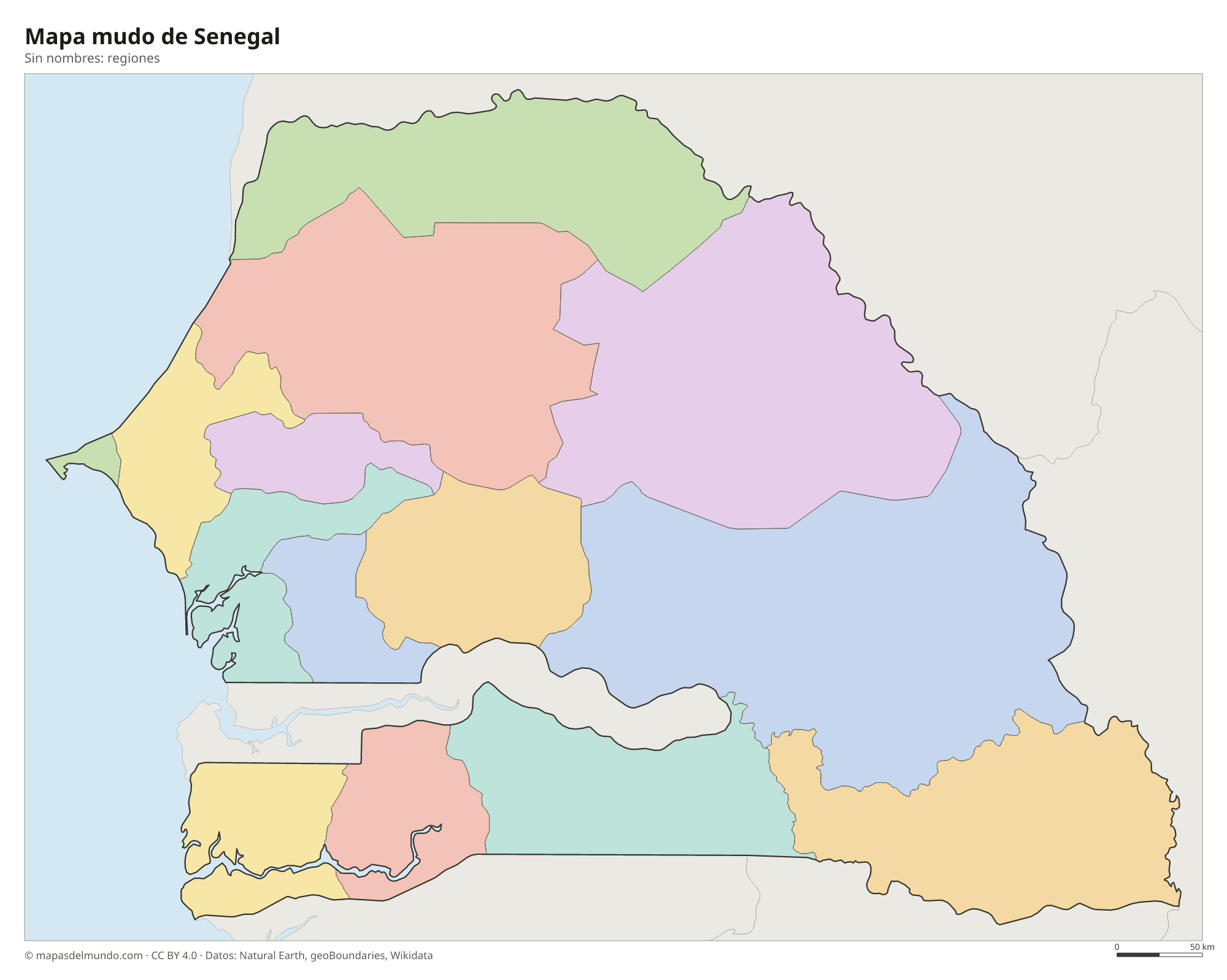 Mapa mudo de Senegal sin nombres