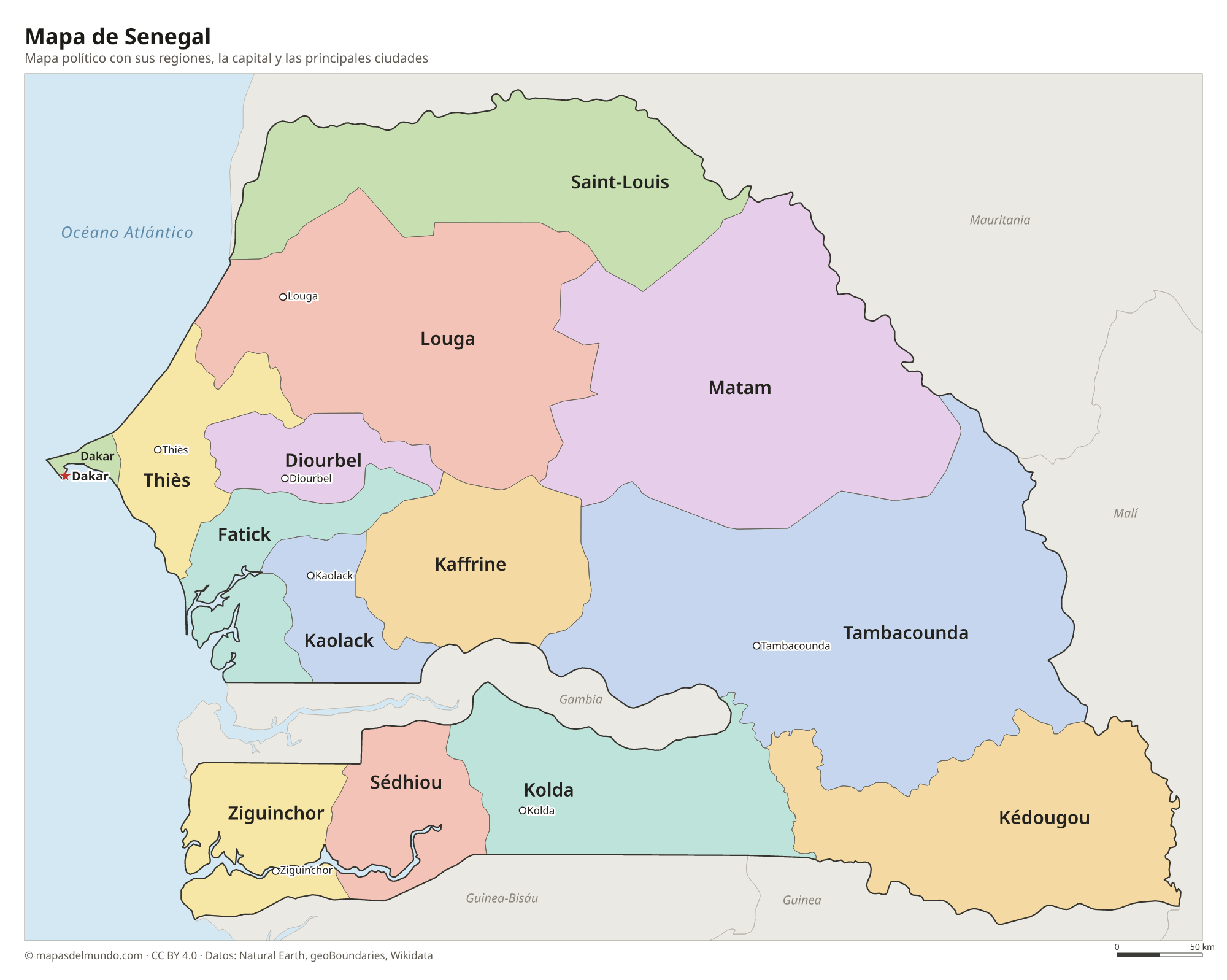 Mapa político de Senegal con sus regiones y la capital Dakar