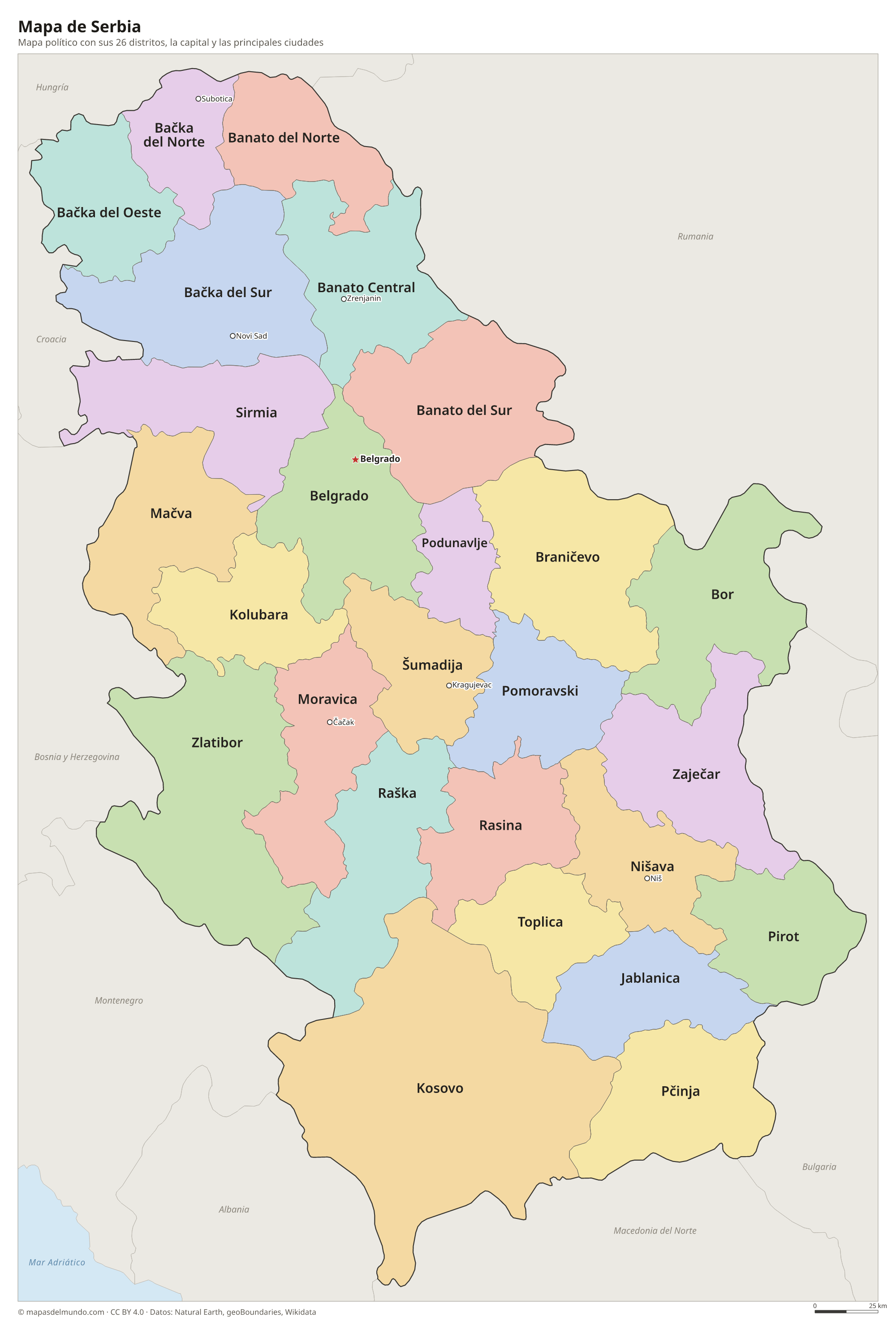 Mapa político de Serbia con sus distritos y la capital Belgrado