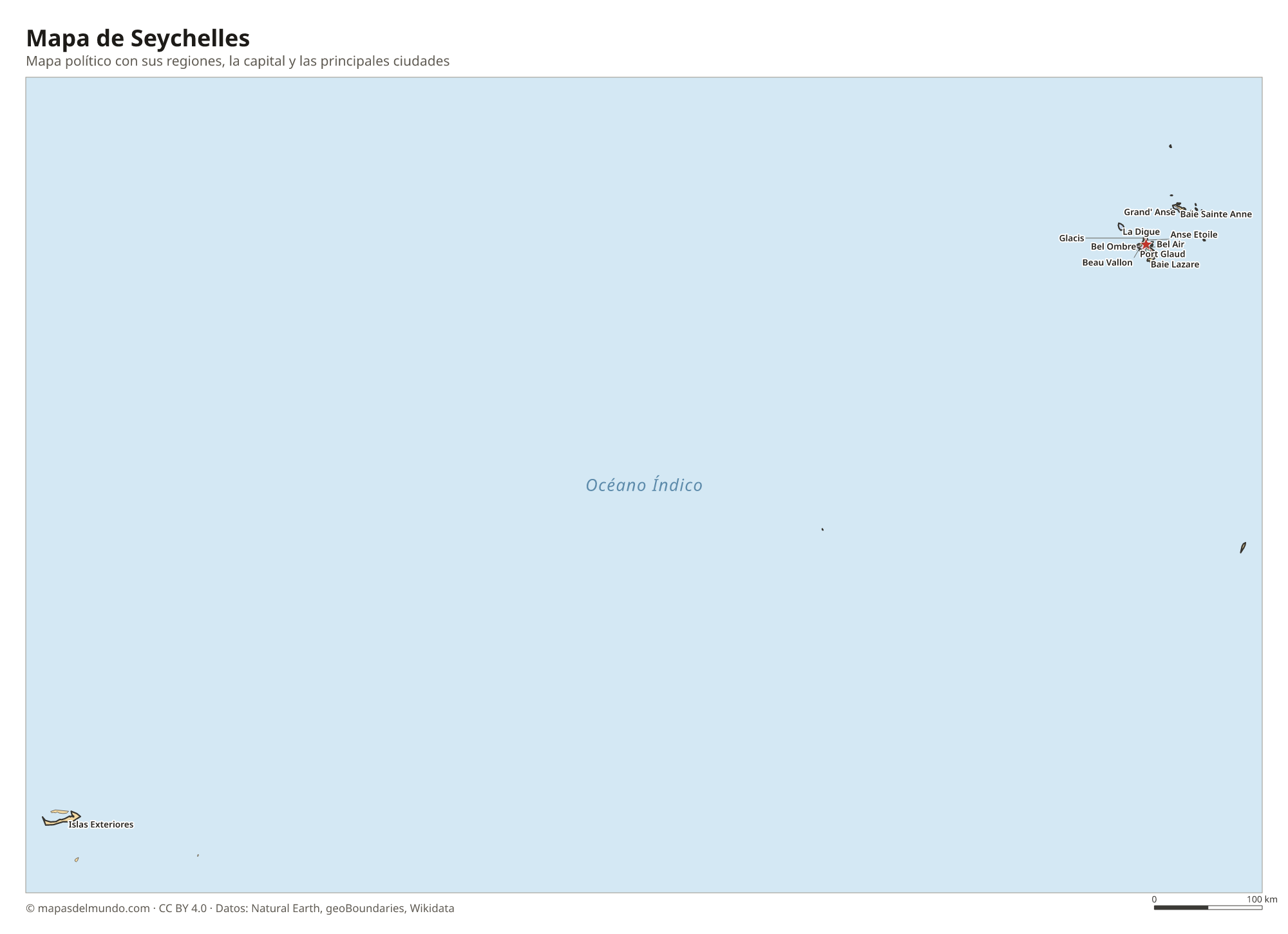 Mapa político de Seychelles con sus regiones y la capital Victoria