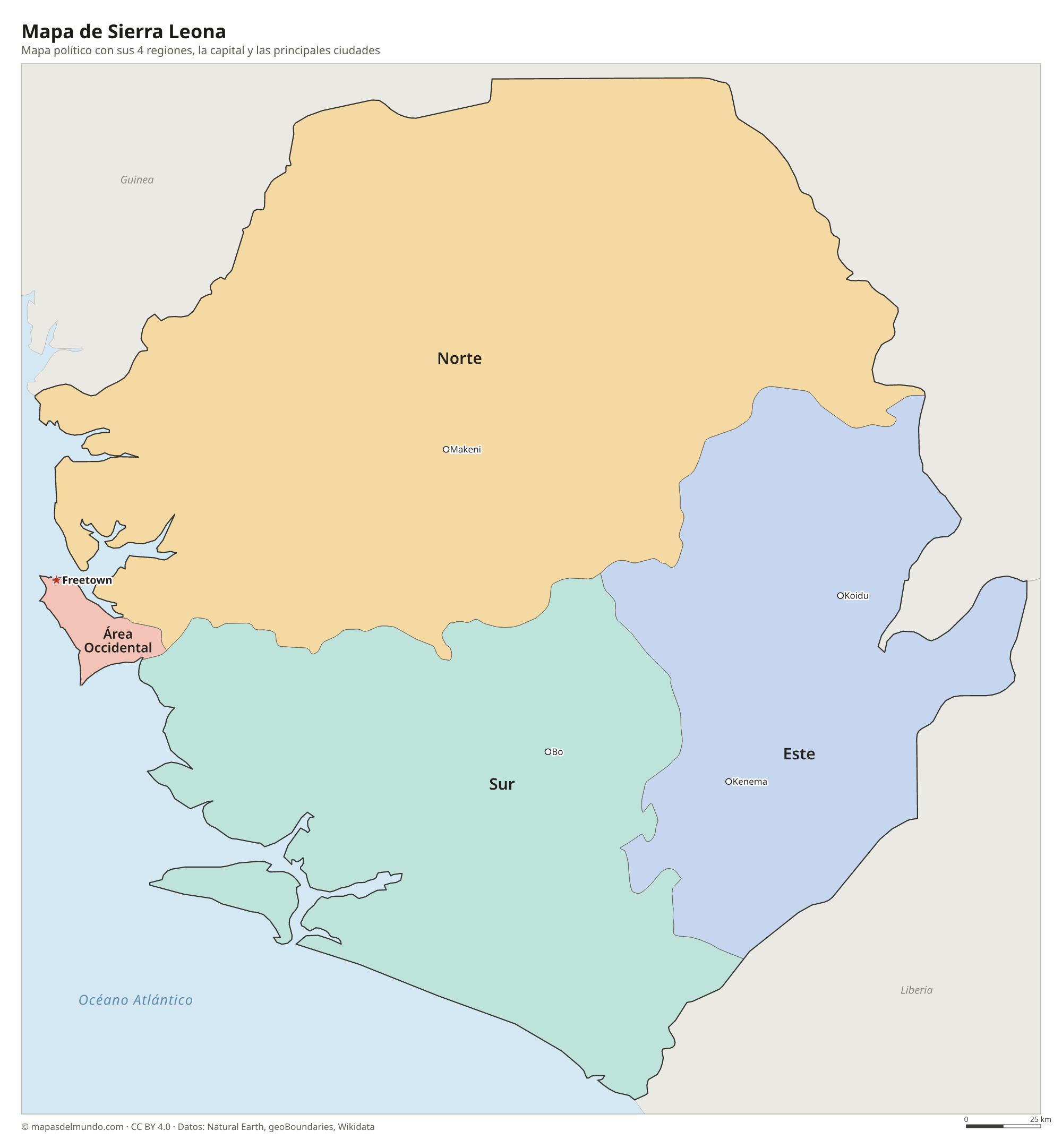 Mapa político de Sierra Leona con sus regiones y la capital Freetown