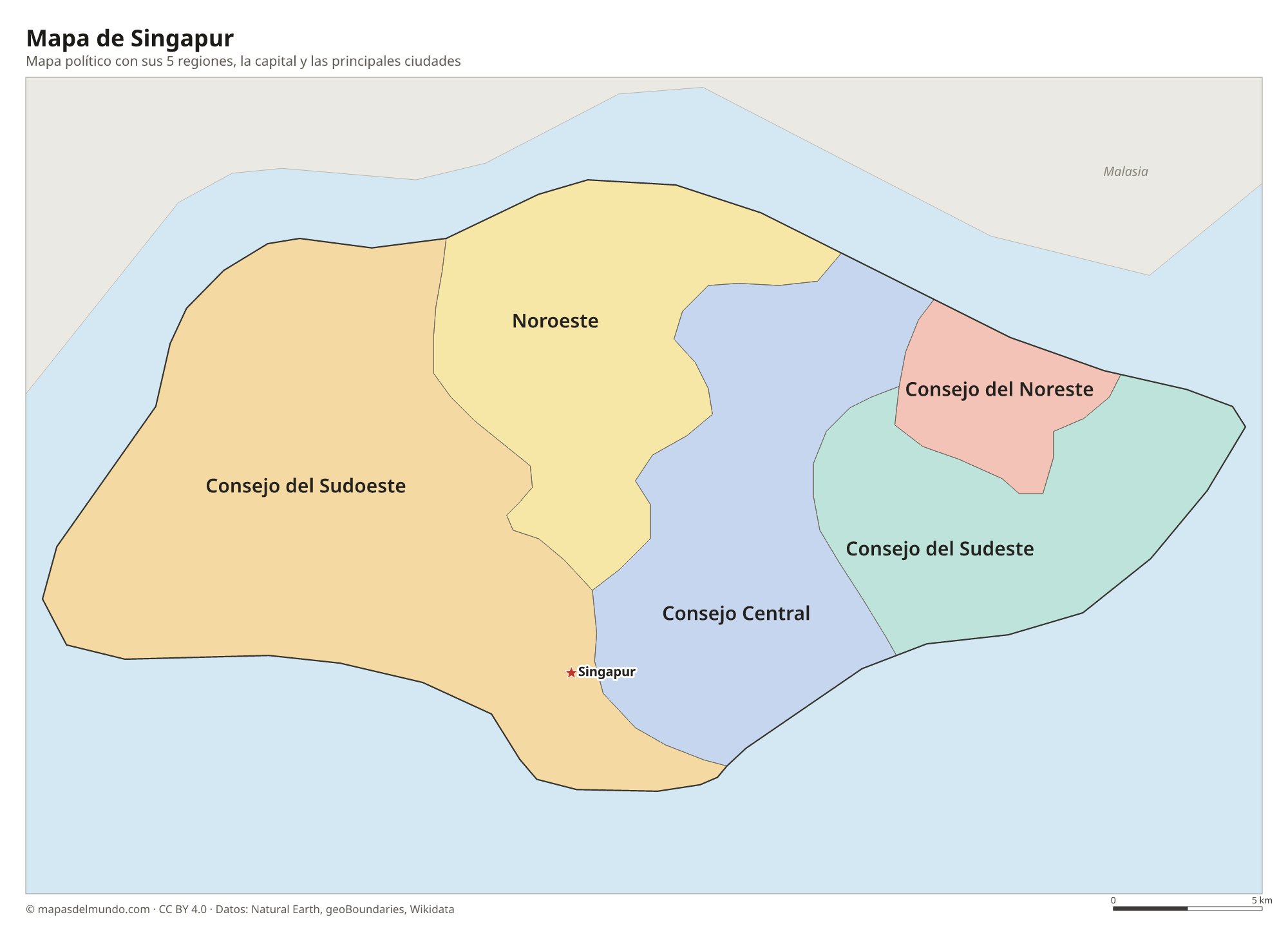 Mapa político de Singapur con sus regiones y la capital Singapur