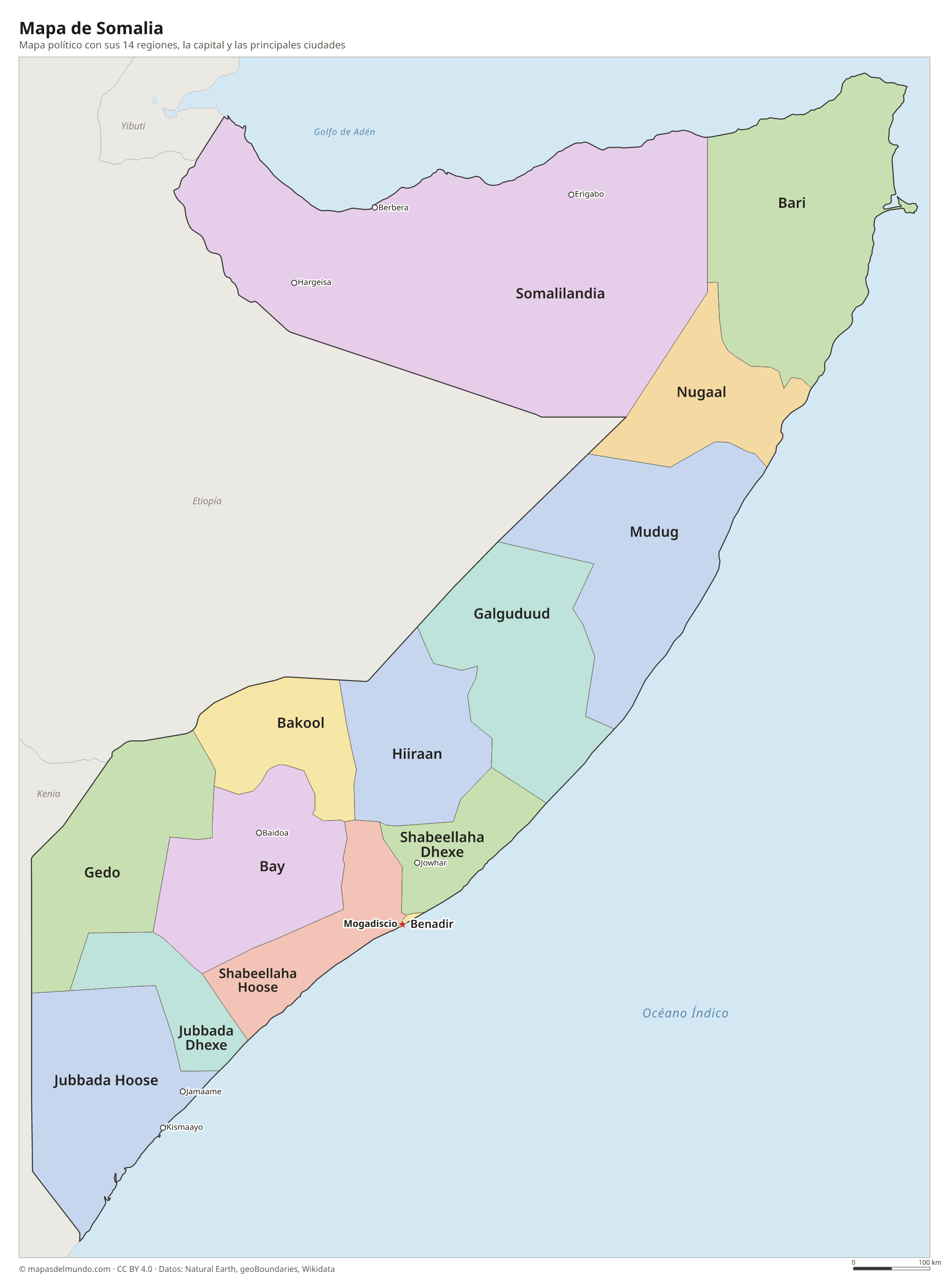 Mapa político de Somalia con sus regiones y la capital Mogadiscio