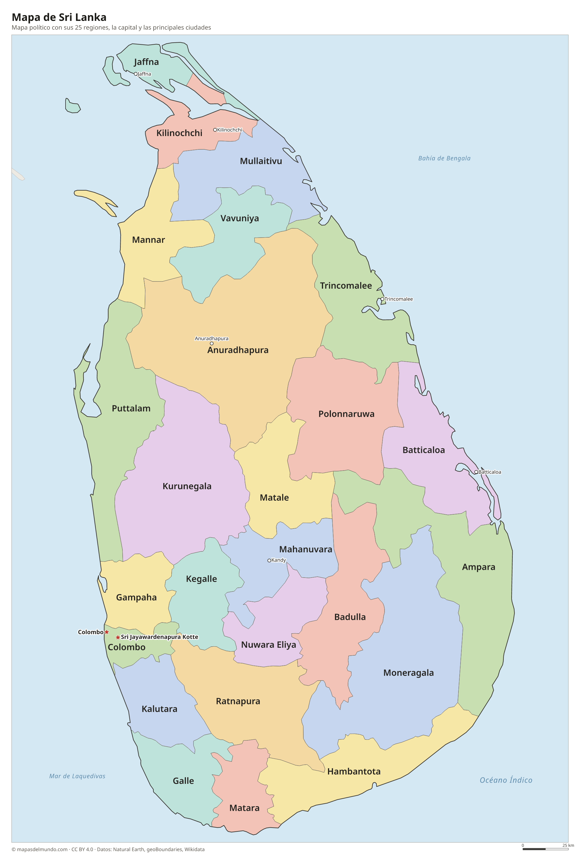 Mapa político de Sri Lanka con sus regiones y la capital Sri Jayawardenapura Kotte y Colombo