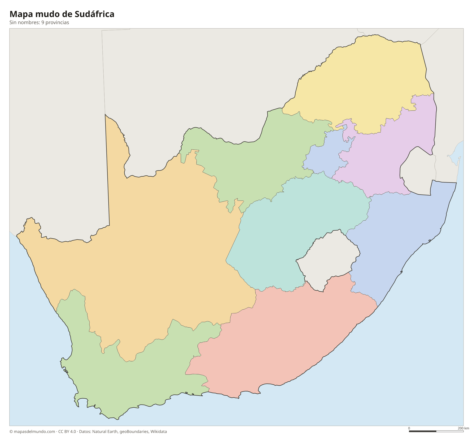 Mapa mudo de Sudáfrica sin nombres