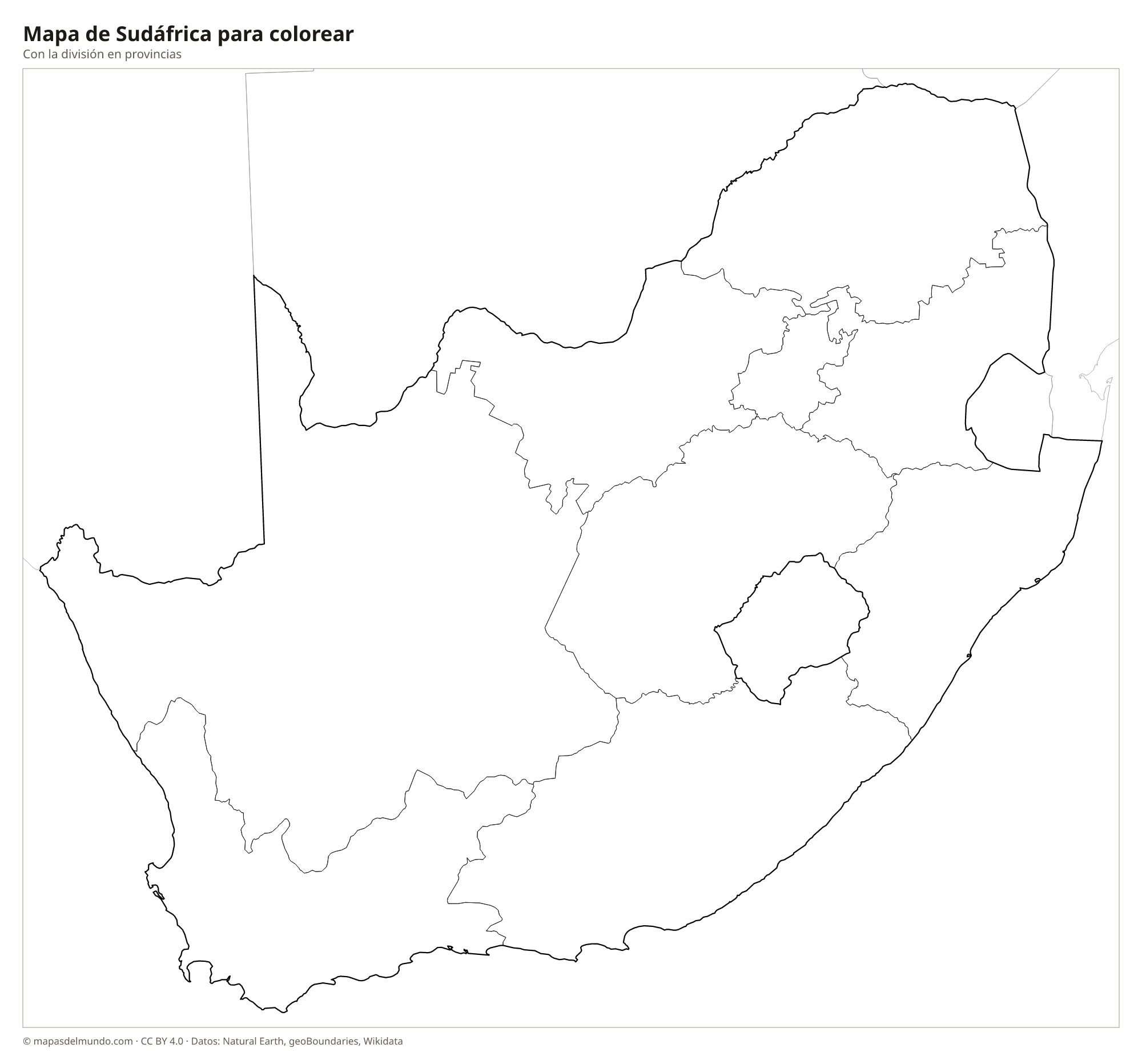 Mapa de Sudáfrica para colorear