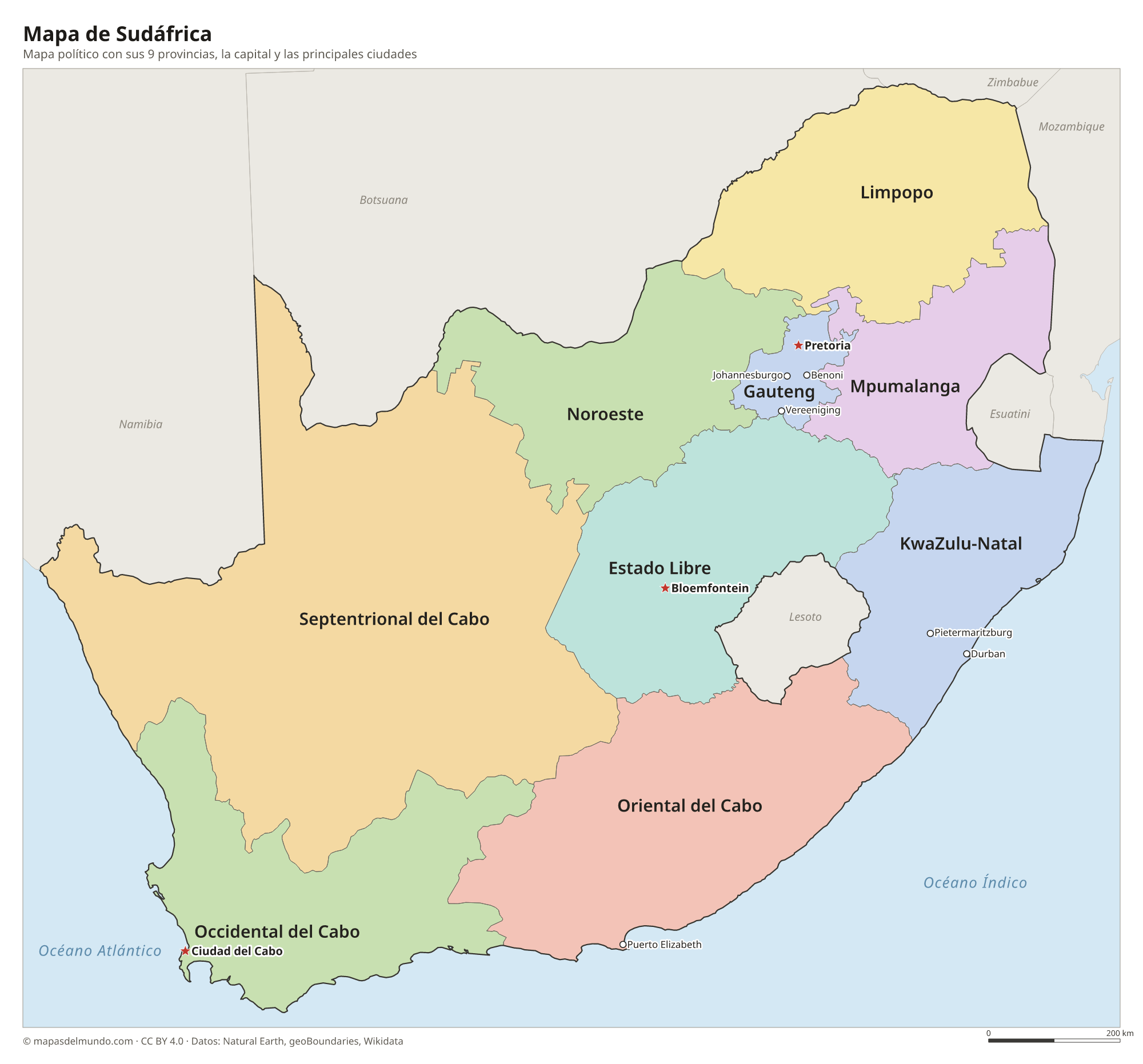 Mapa político de Sudáfrica con sus provincias y la capital Pretoria, Bloemfontein y Ciudad del Cabo