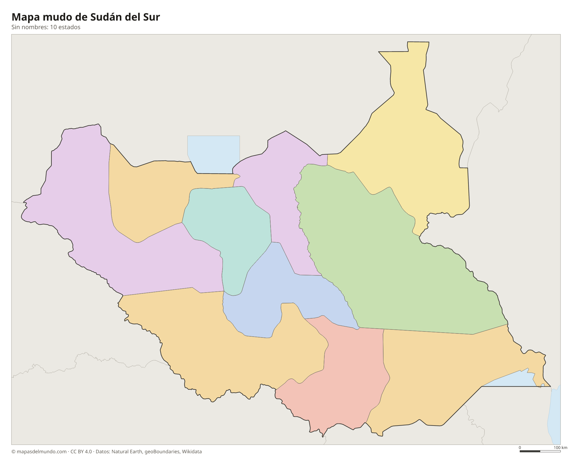 Mapa mudo de Sudán del Sur sin nombres