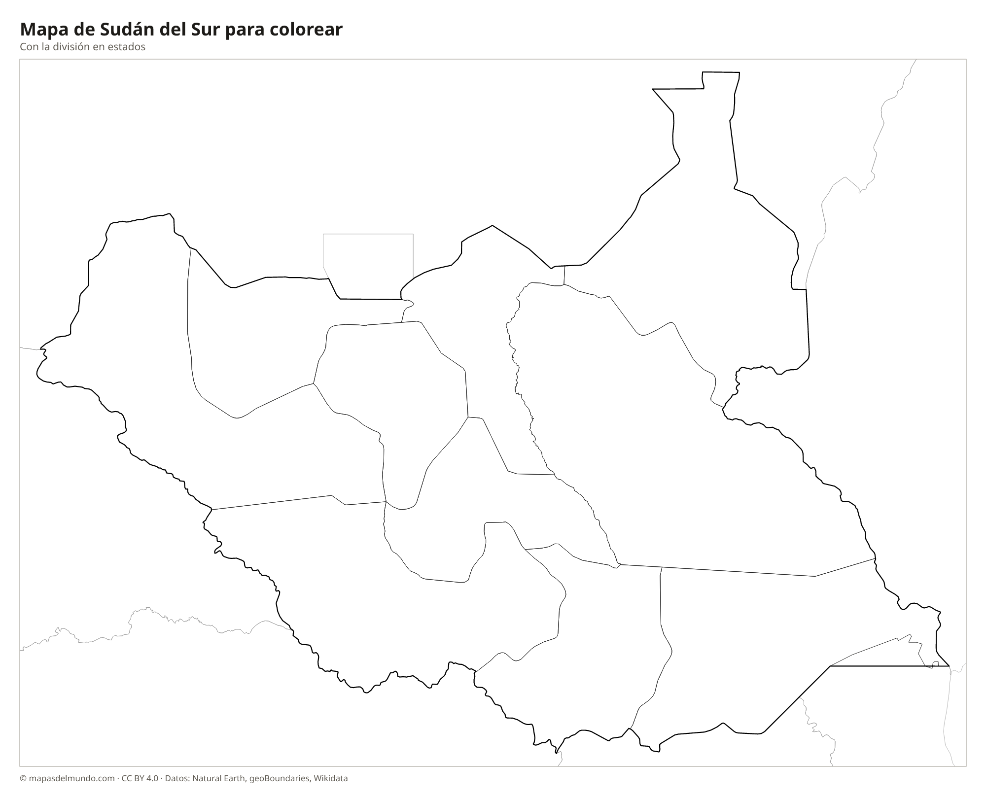 Mapa de Sudán del Sur para colorear