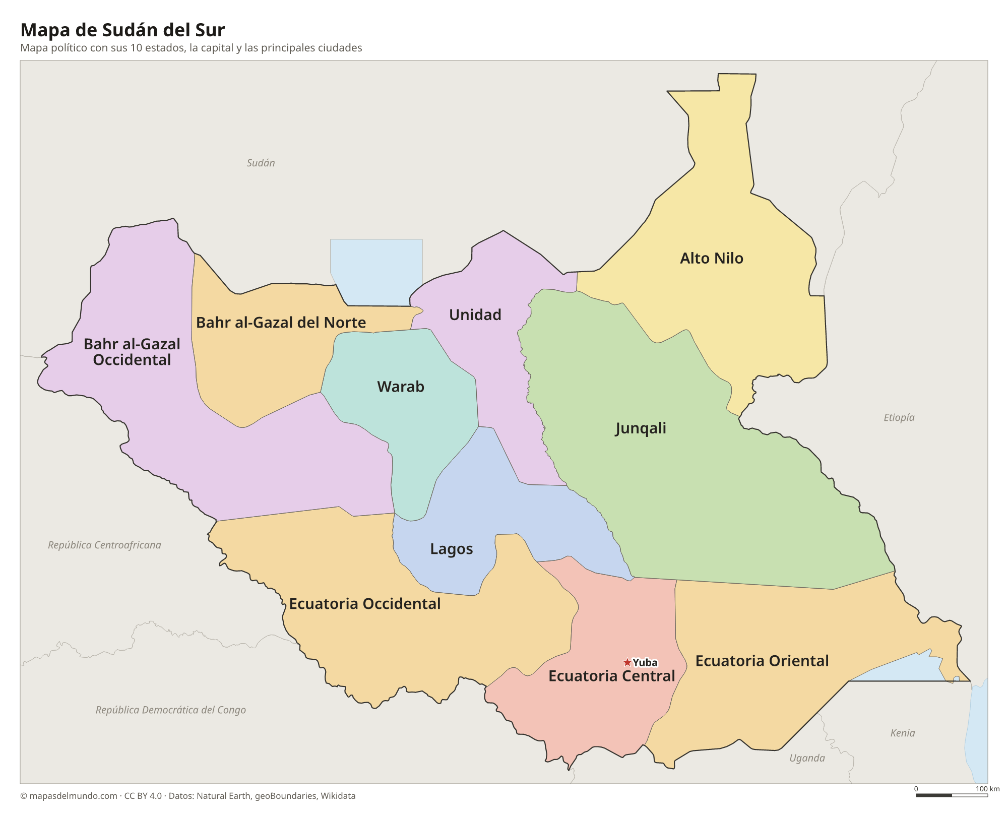 Mapa político de Sudán del Sur con sus estados y la capital Yuba