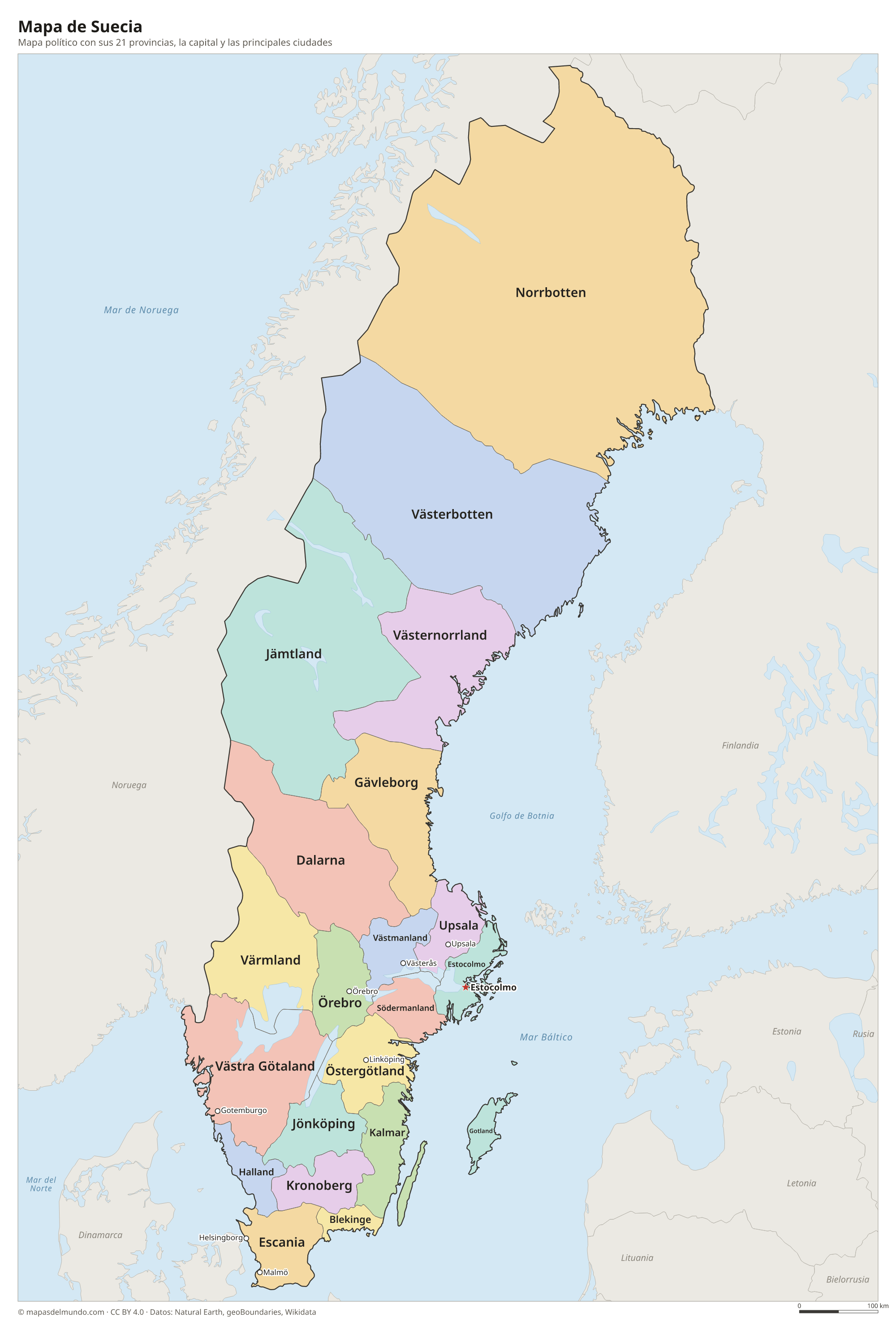 Mapa político de Suecia con sus provincias y la capital Estocolmo